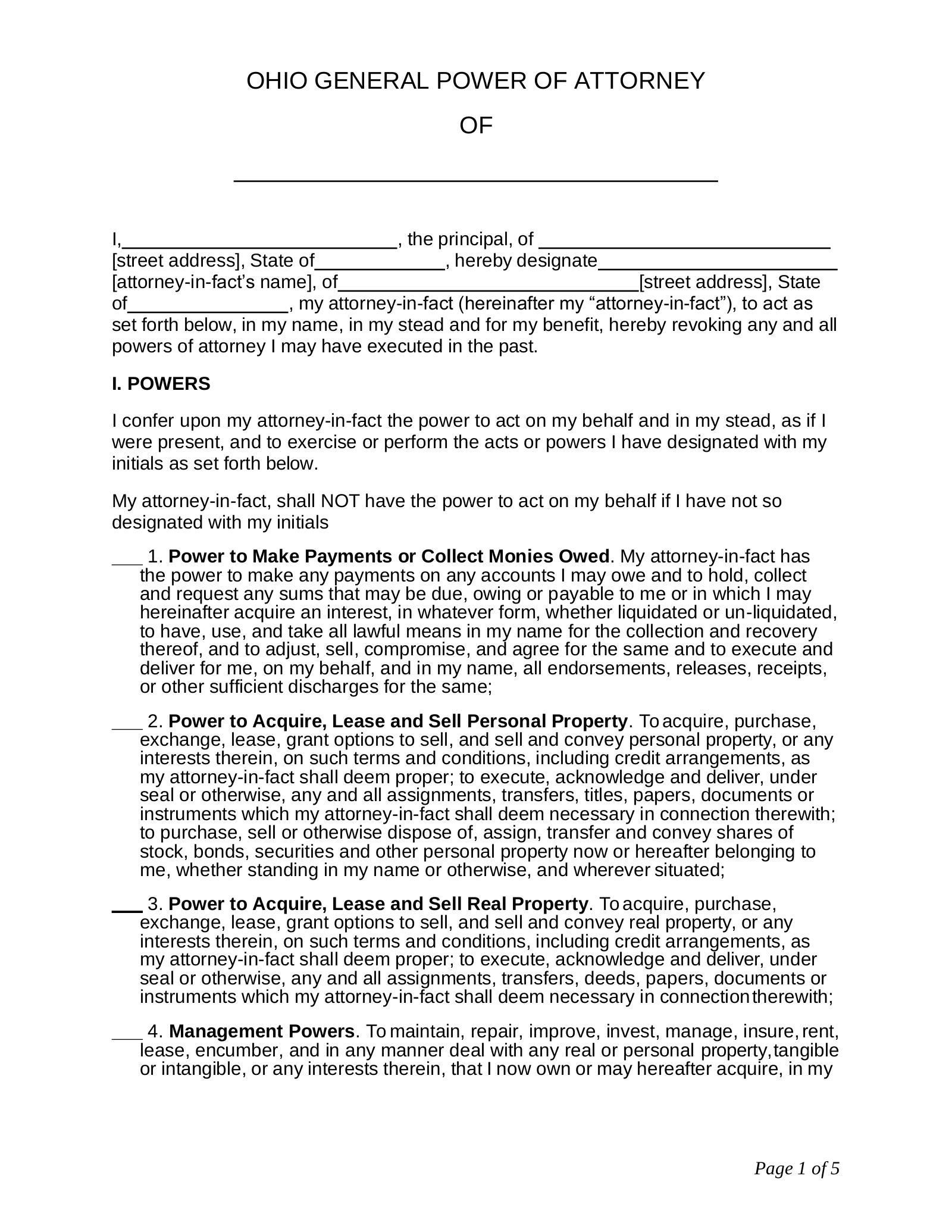 Free Ohio General (Financial) Power Of Attorney - Pdf | Word – Eforms with regard to Printable Power Of Attorney Form Ohio