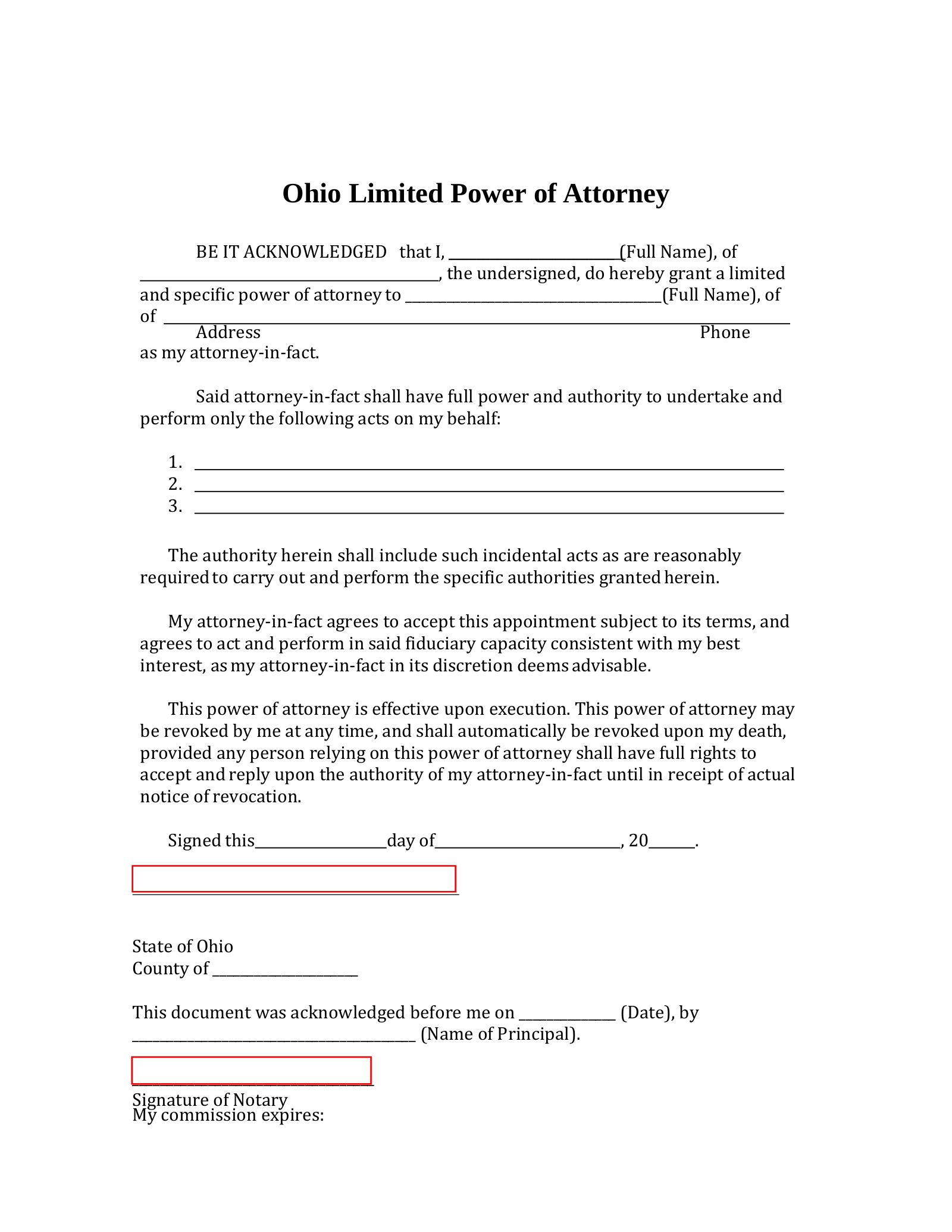 Free Ohio Limited Power Of Attorney Form - Pdf | Word – Eforms with regard to Printable Power Of Attorney Form Ohio