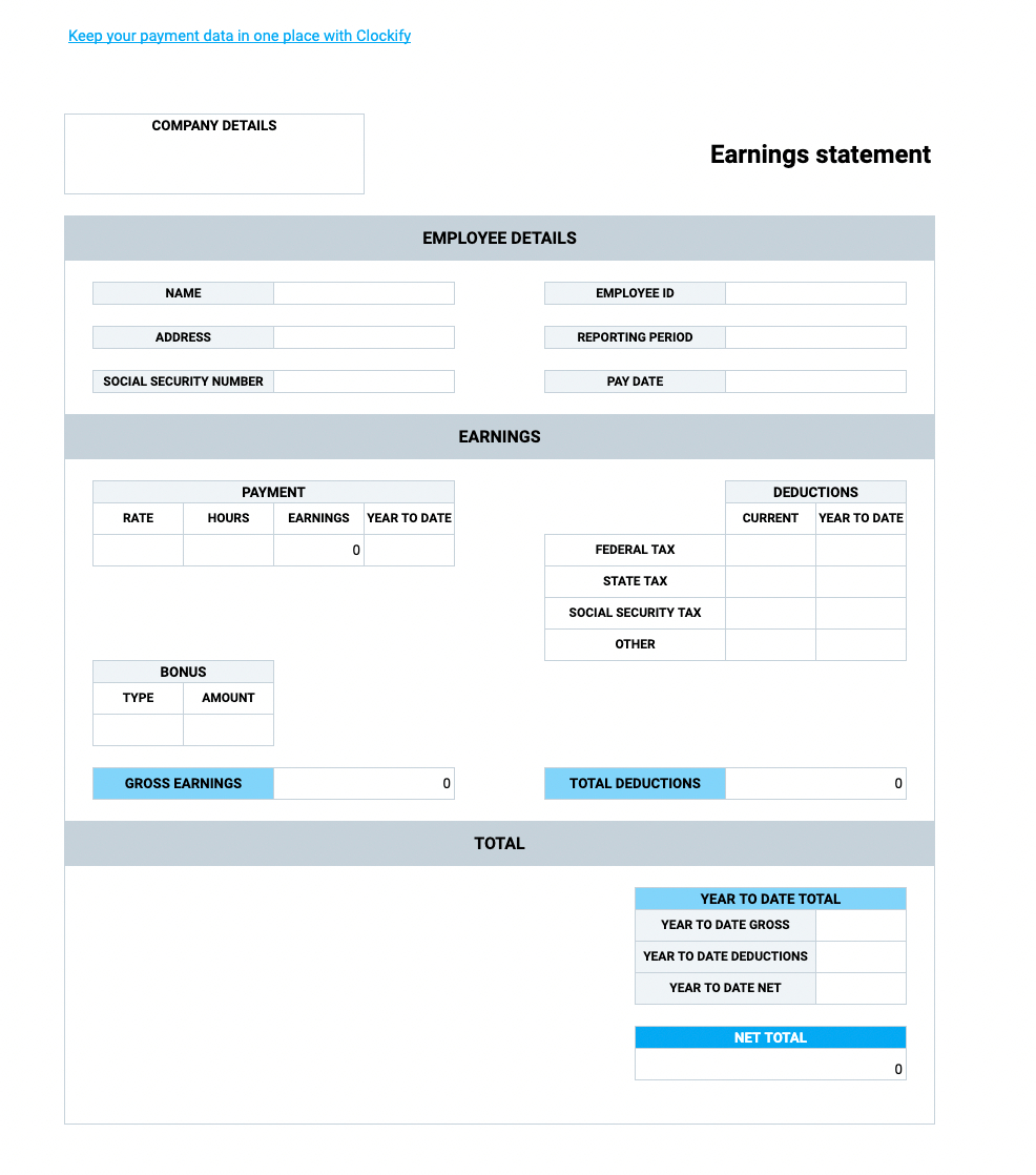Free Pay Stub Templates — Clockify throughout Free Printable Payroll Check Stubs