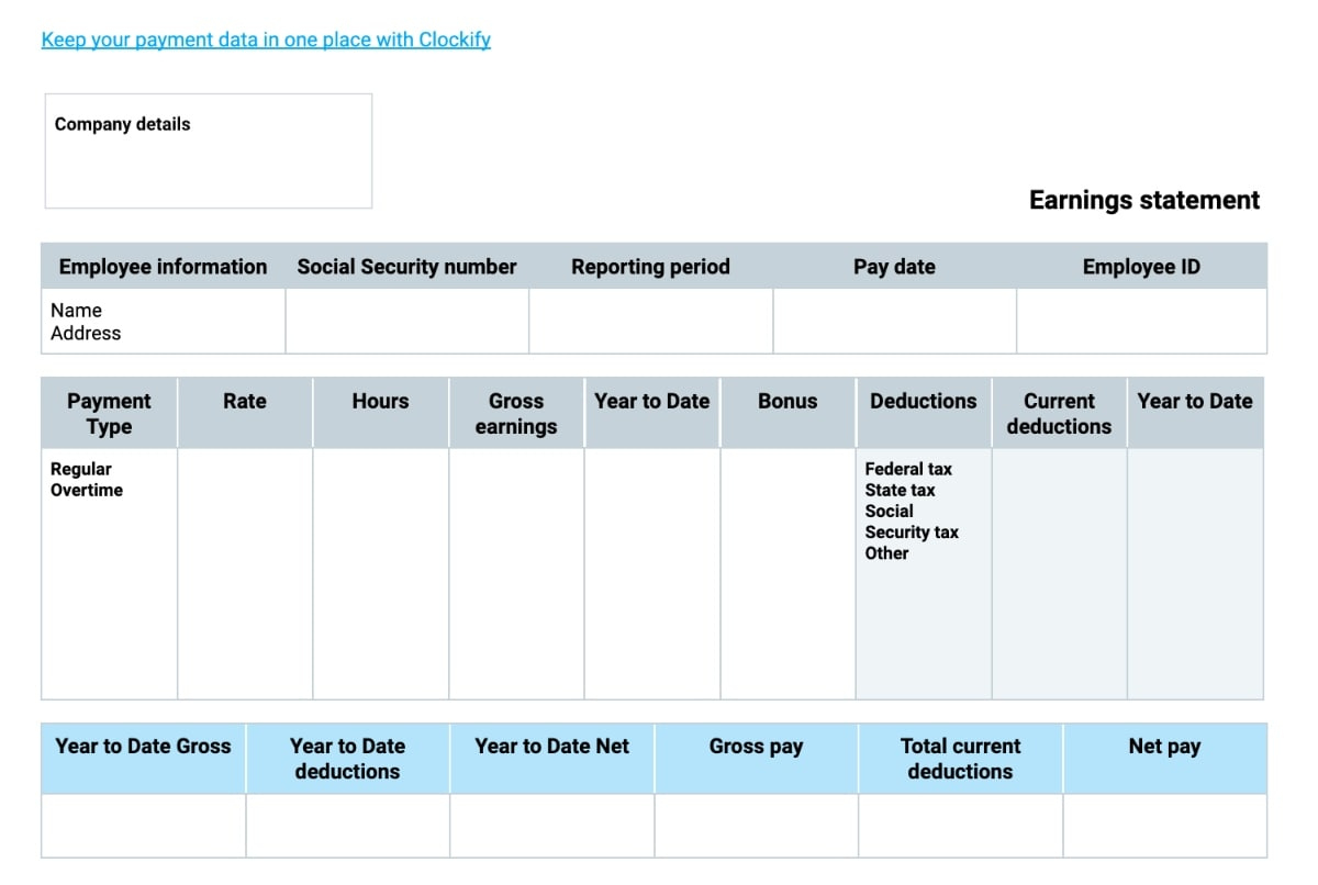 Free Pay Stub Templates — Clockify with regard to Free Printable Payroll Check Stubs
