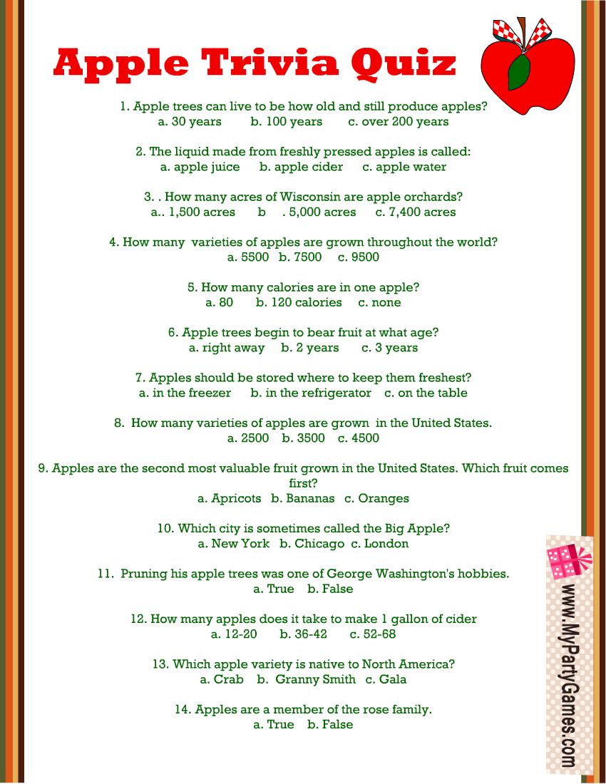 Free Printable Apple Trivia Quiz With Answer Key throughout Printable Trivia Questions And Answers