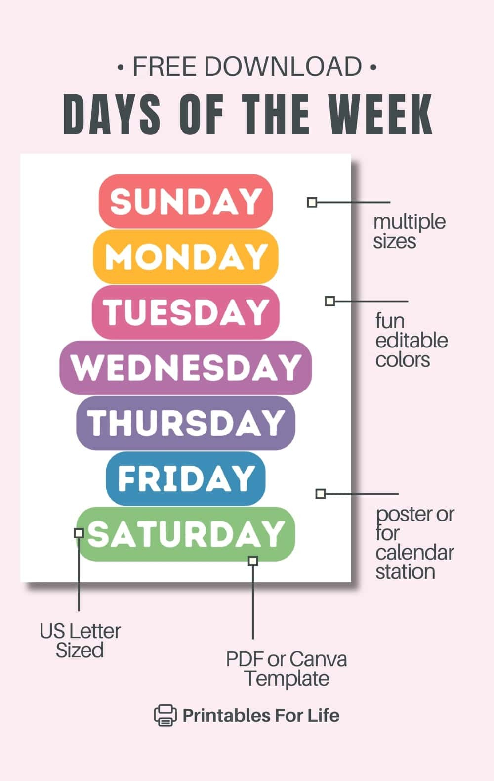 Free Printable Days Of The Week Poster with Days Of The Week Free Printable