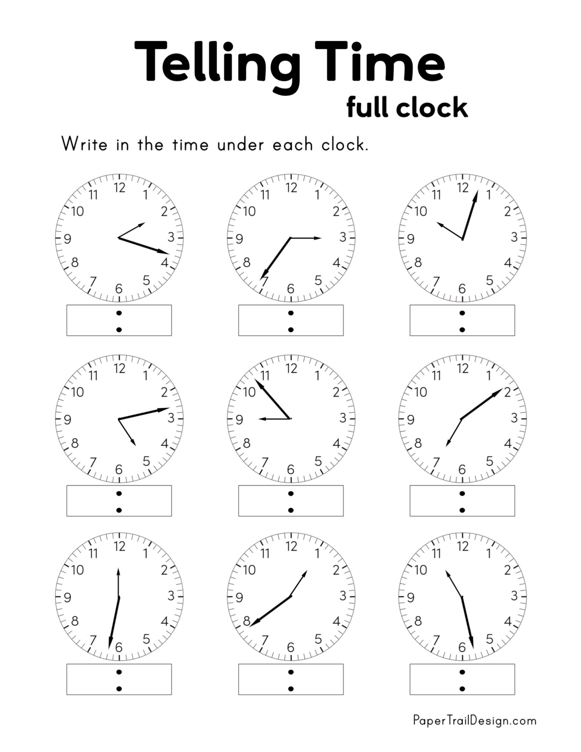 Free Printable Telling Time Worksheets - Paper Trail Design intended for Printable Clocks For Telling Time