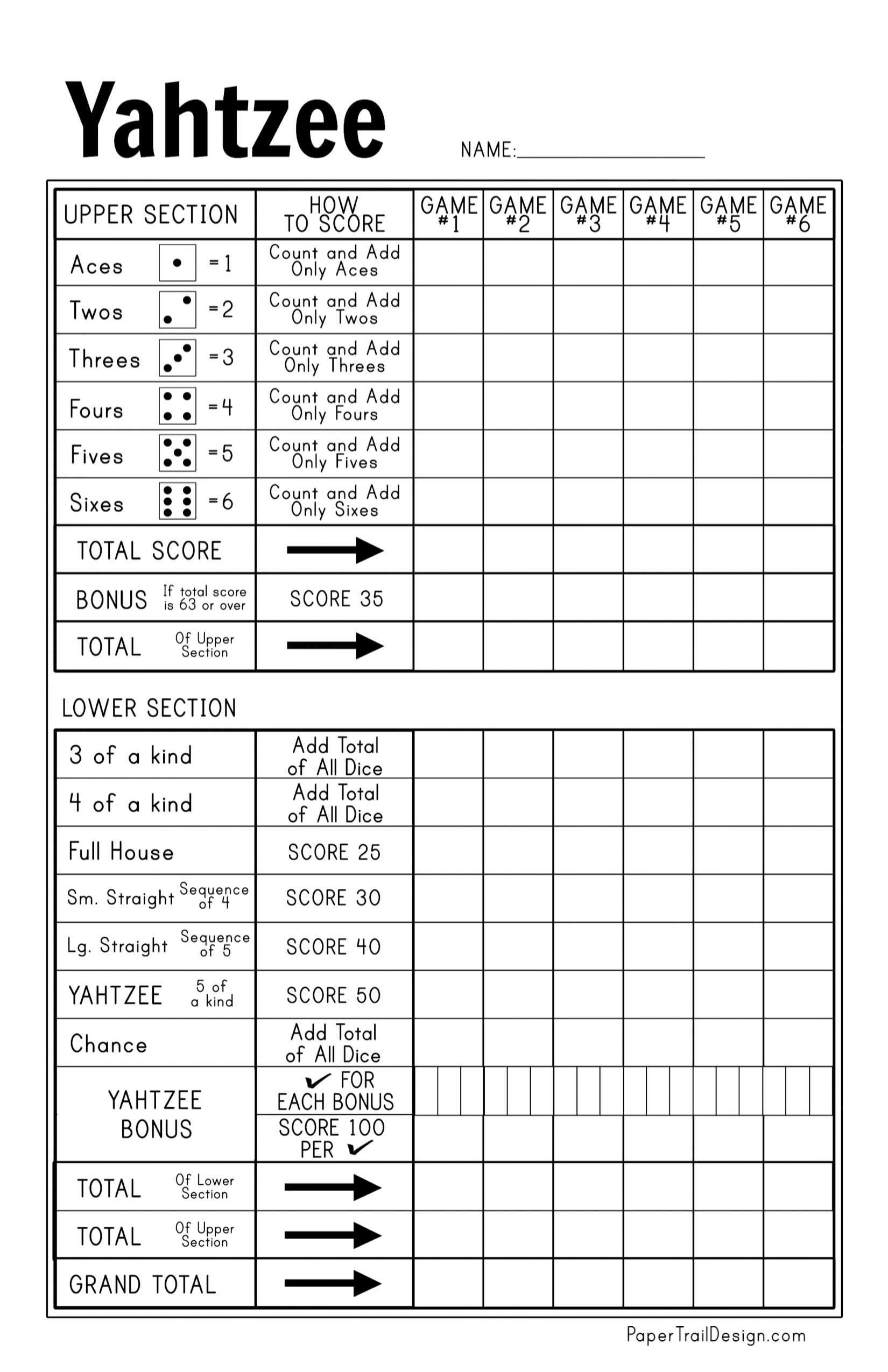 Free Printable Yahtzee Score Card - Paper Trail Design pertaining to Free Printable Yahtzee Score Card