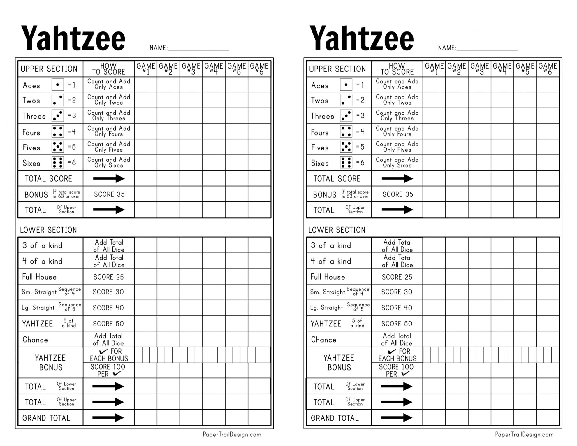 Free Printable Yahtzee Score Card - Paper Trail Design with Free Printable Yahtzee Score Card