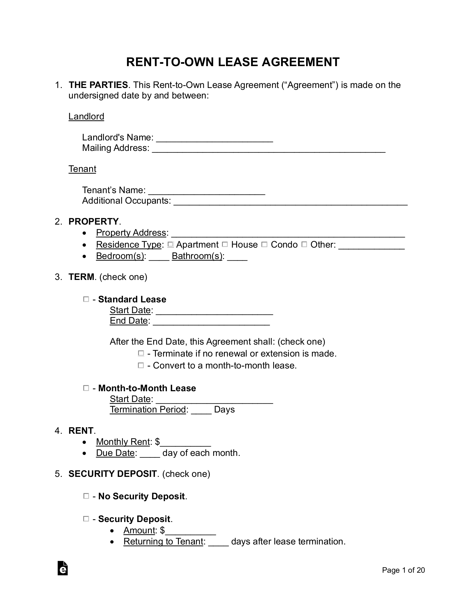 Free Rent-To-Own (Lease Agreement) - Pdf | Word – Eforms regarding Free Printable Lease To Own Contract