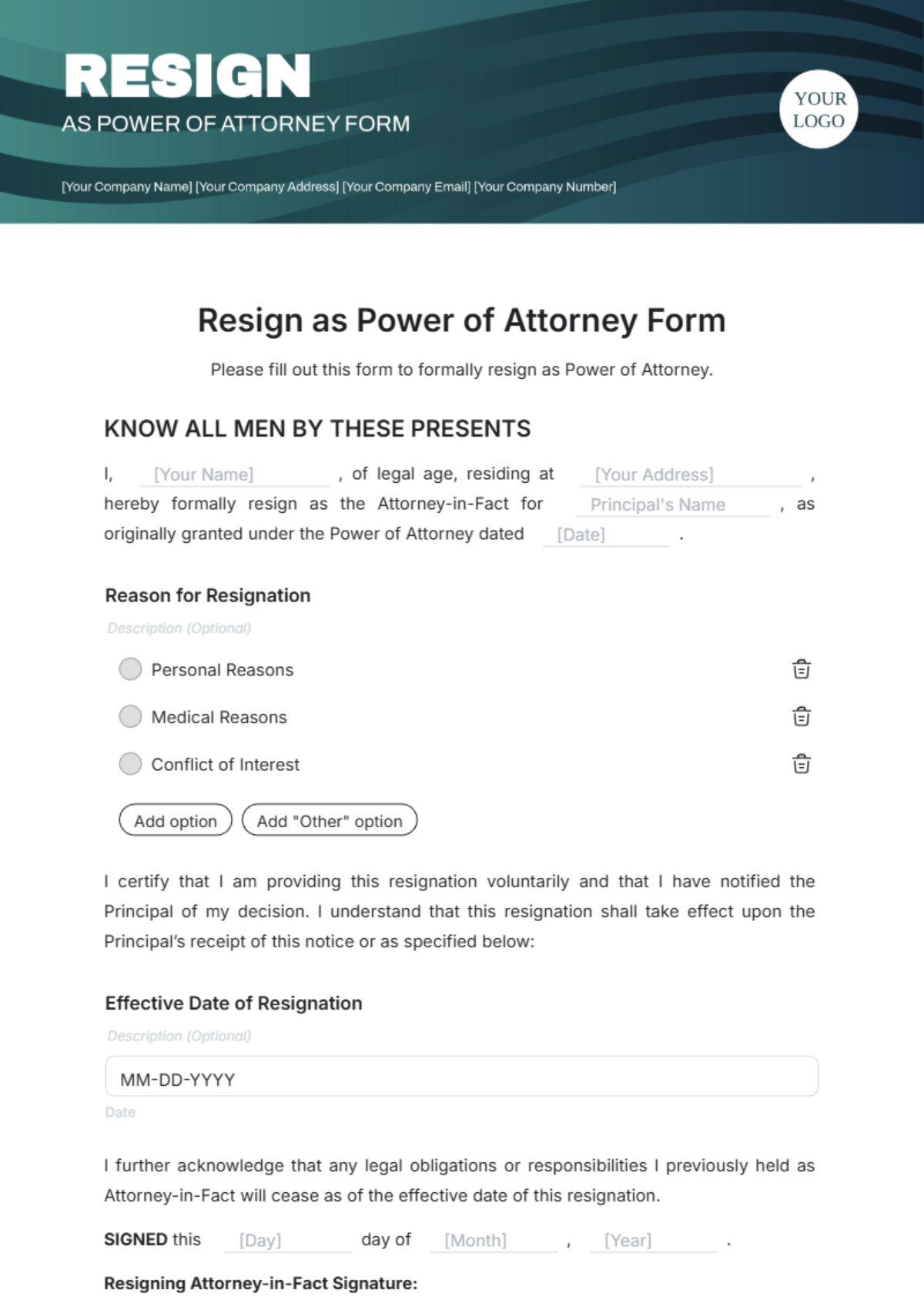 Free Resign As Power Of Attorney Form Template To Edit Online with regard to Printable Power of Attorney Resignation Letter Template