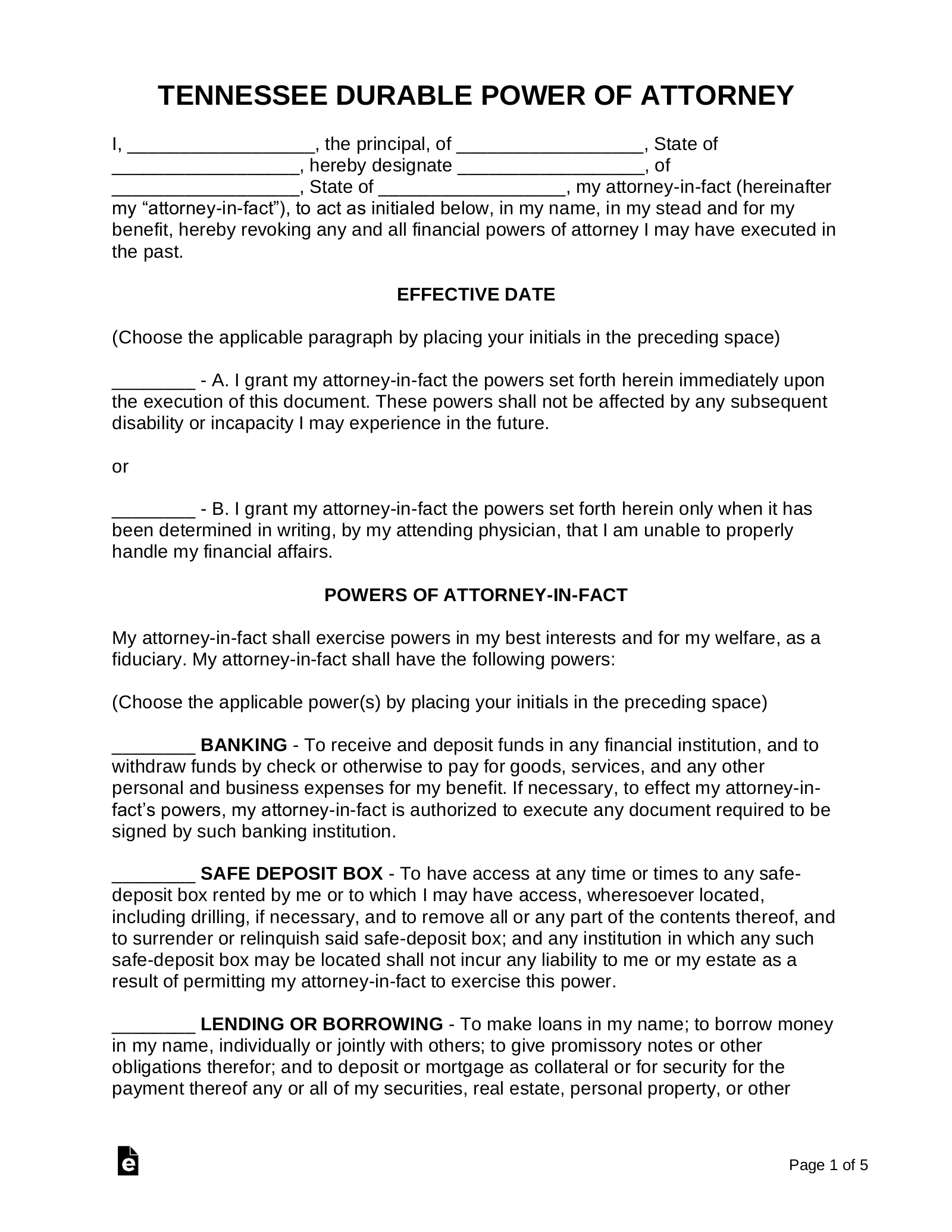 Free Tennessee Power Of Attorney Forms (10 Types) - Pdf | Word with Printable Power Of Attorney Form Tennessee