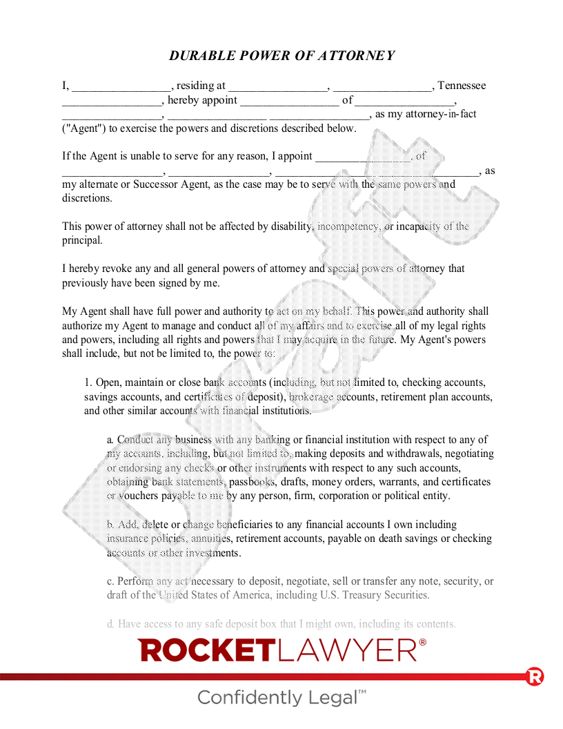 Free Tennessee Power Of Attorney Template - Rocket Lawyer throughout Printable Power of Attorney Form Tennessee