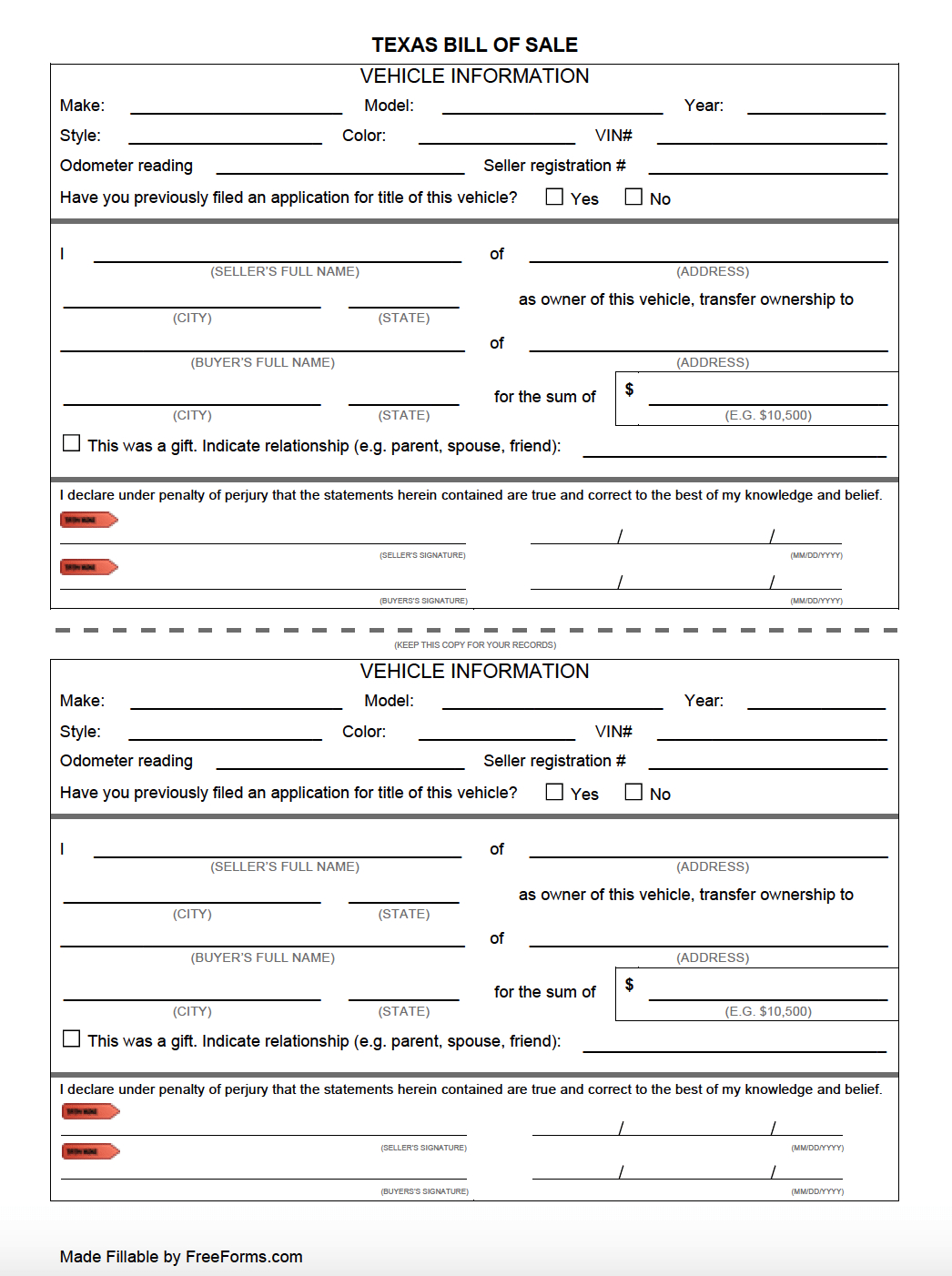 Free Texas Bill Of Sale Forms | Pdf pertaining to Texas Vehicle Bill Of Sale Printable