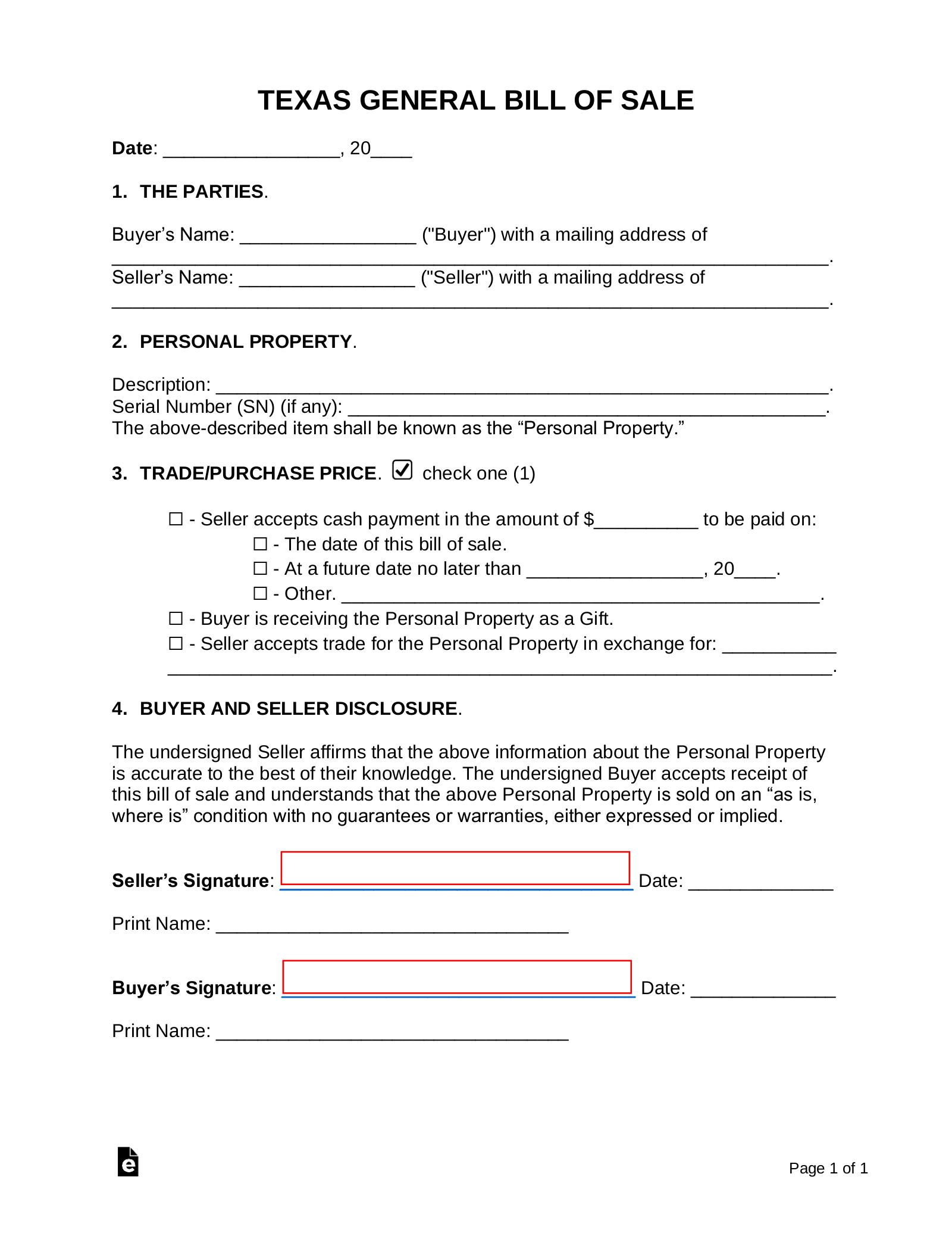 Free Texas General Bill Of Sale Form - Pdf | Word – Eforms inside Bill Of Sale Texas Printable