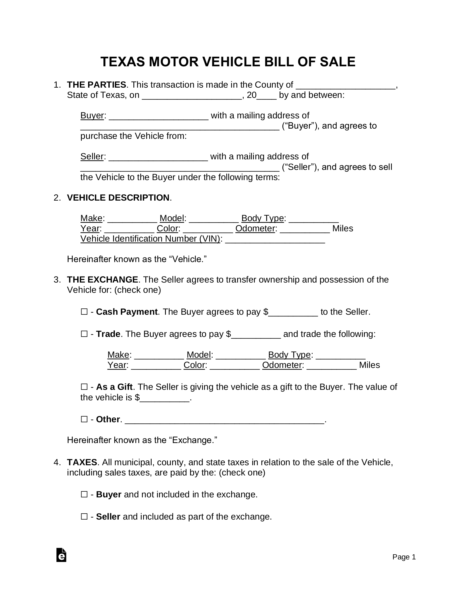 Free Texas Motor Vehicle Bill Of Sale Form - Pdf | Word – Eforms in Texas Vehicle Bill Of Sale Printable