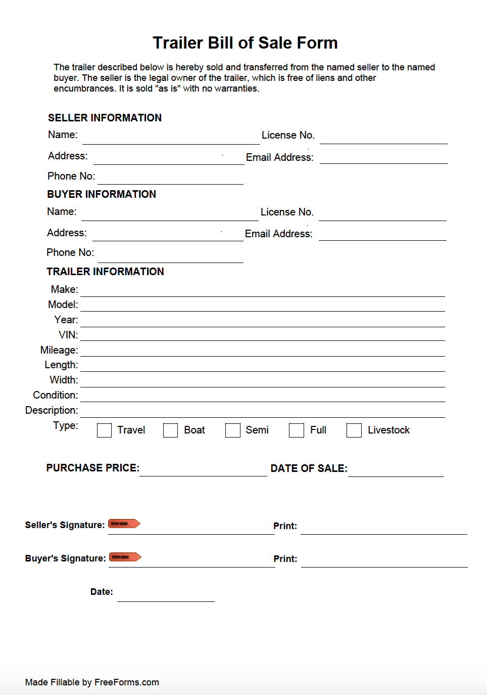 Free Trailer Bill Of Sale Form | Pdf in Trailer Bill Of Sale Printable