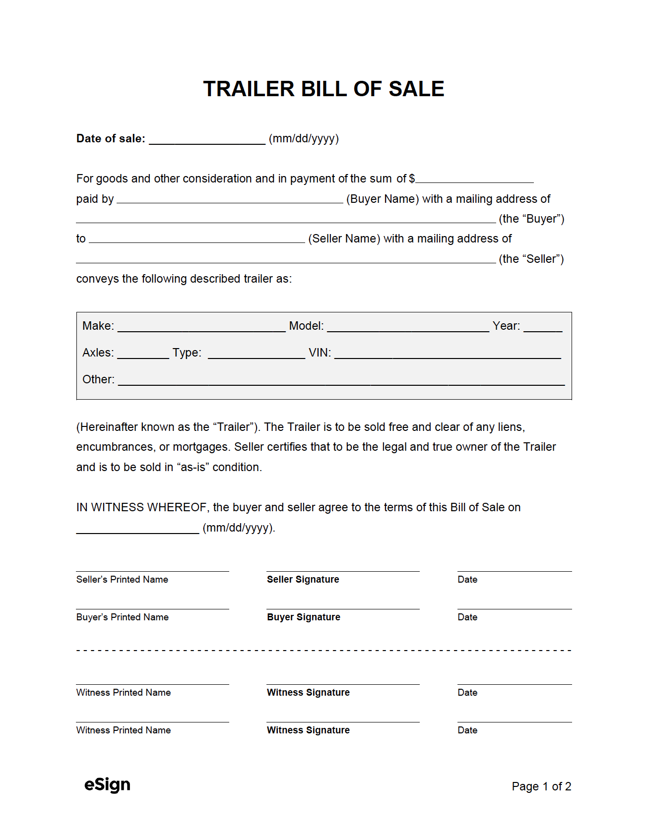Free Trailer Bill Of Sale Form | Pdf | Word with regard to Trailer Bill of Sale Printable