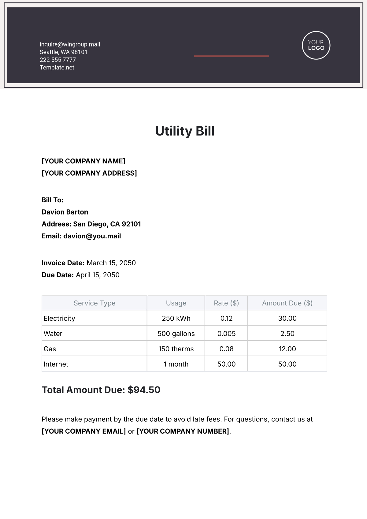 Free Utility Bill Template To Edit Online for Printable Editable Blank Utility Bill Template