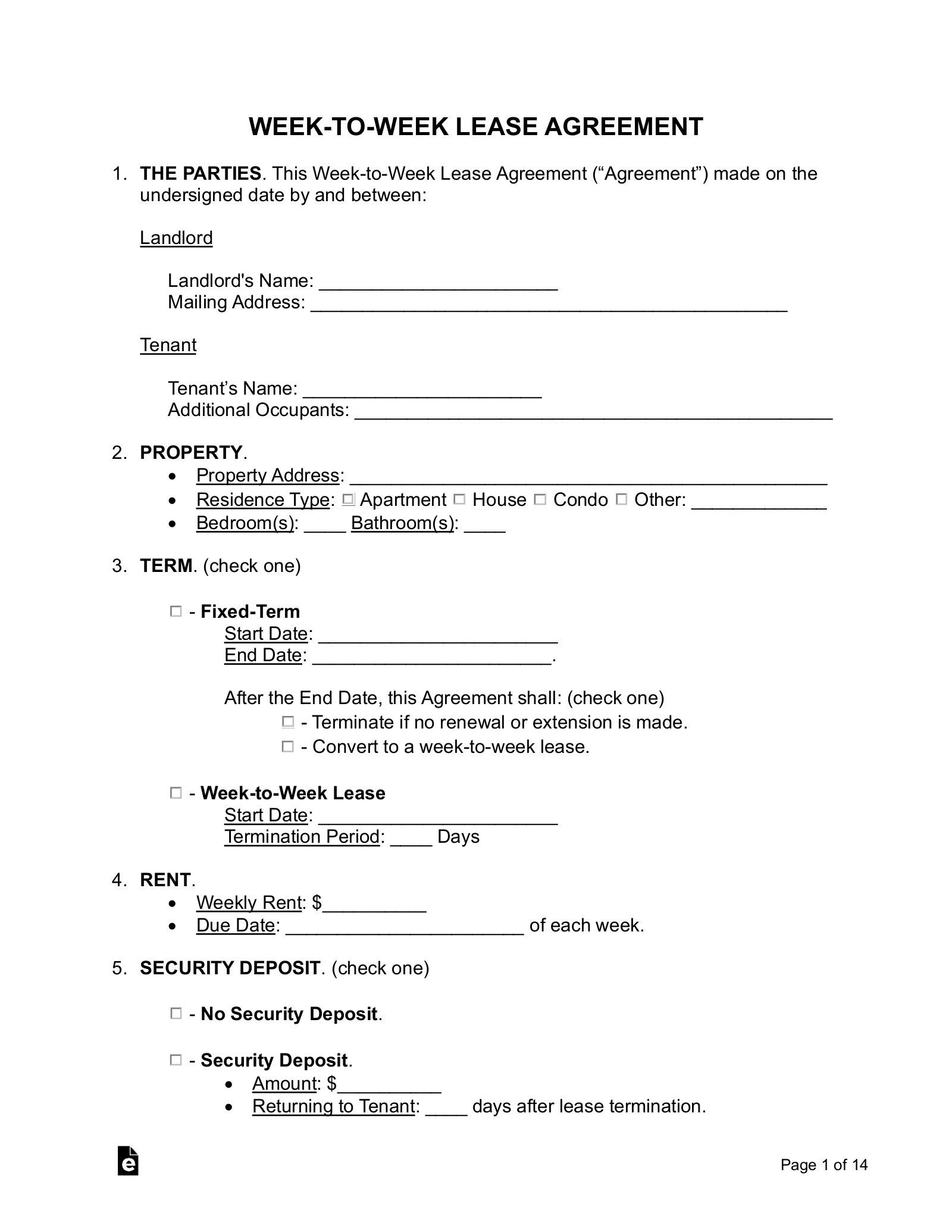 Free Week-To-Week (Weekly) Lease Agreement Template - Pdf | Word in Free Printable Basic Lease Agreement