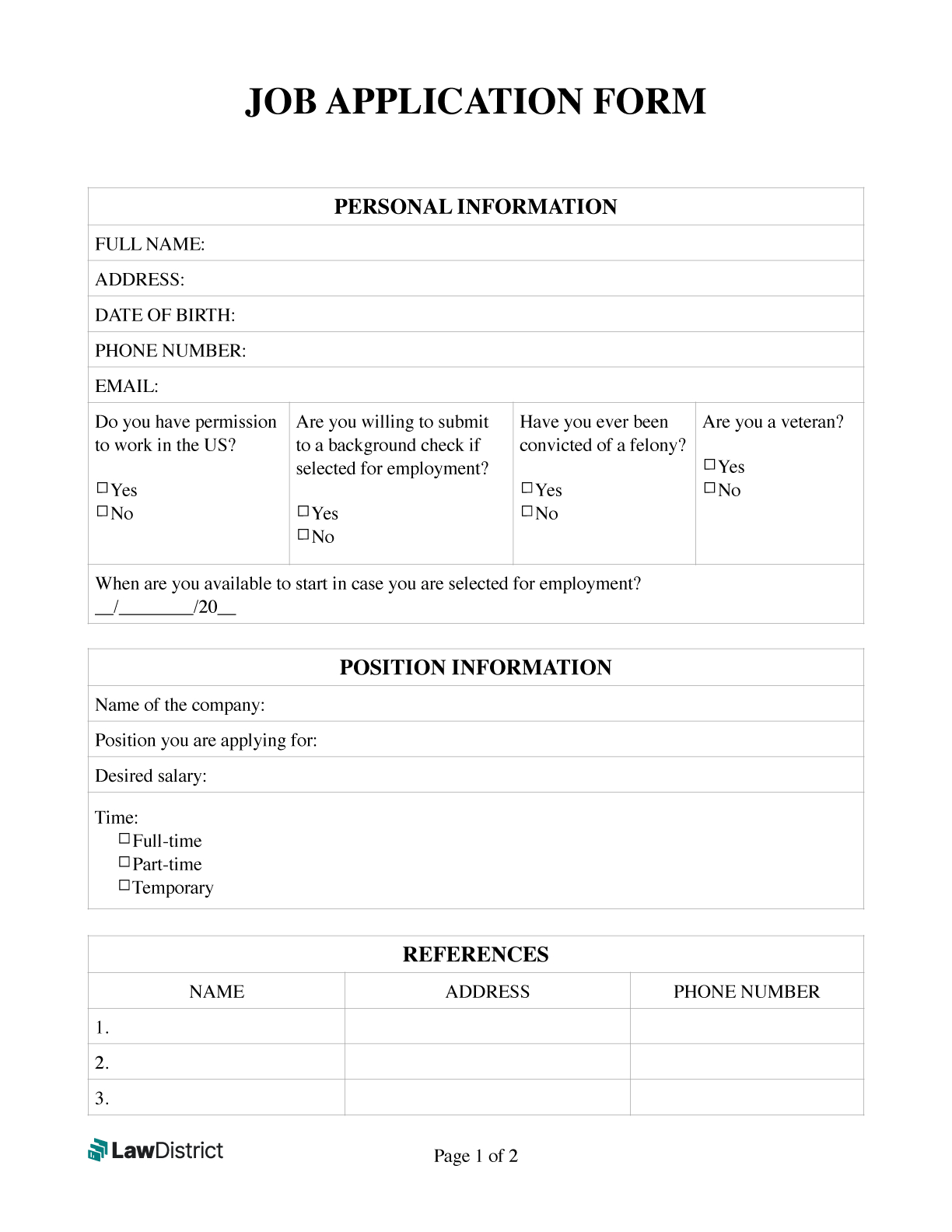 Job Application Form | Free Simple Pdf Template | Lawdistrict inside Printable Basic Job Application Form