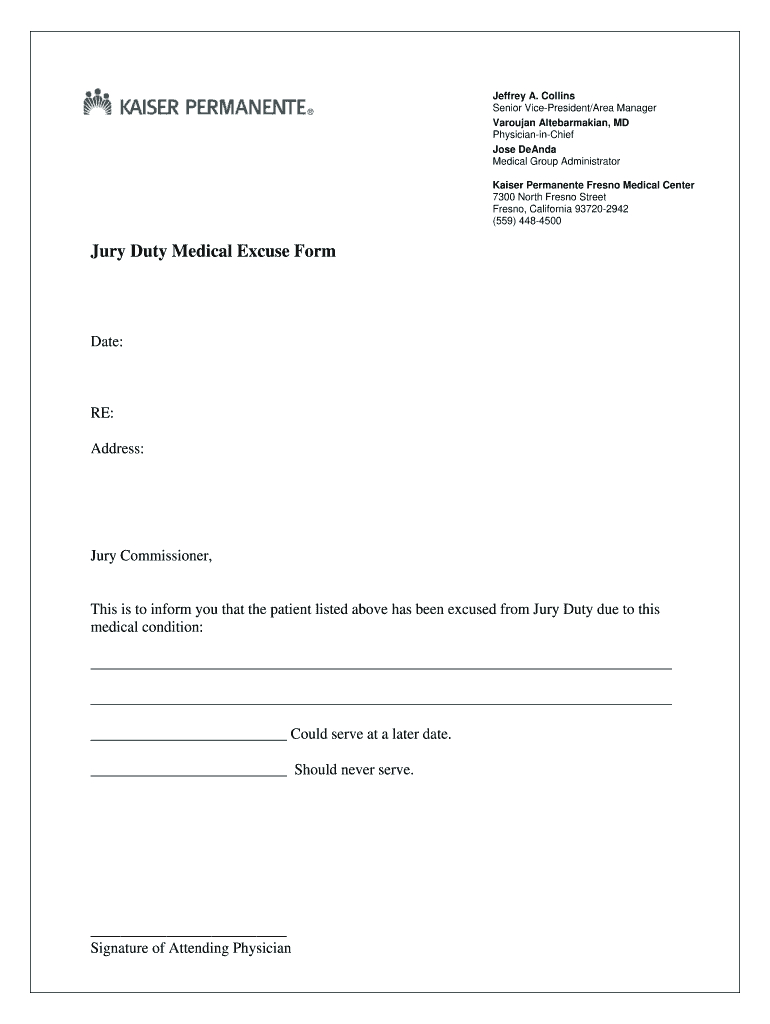 Kaiser Permanente Jury Duty Medical Excuse Form - Fill Online throughout Printable Blank Kaiser Doctors Note