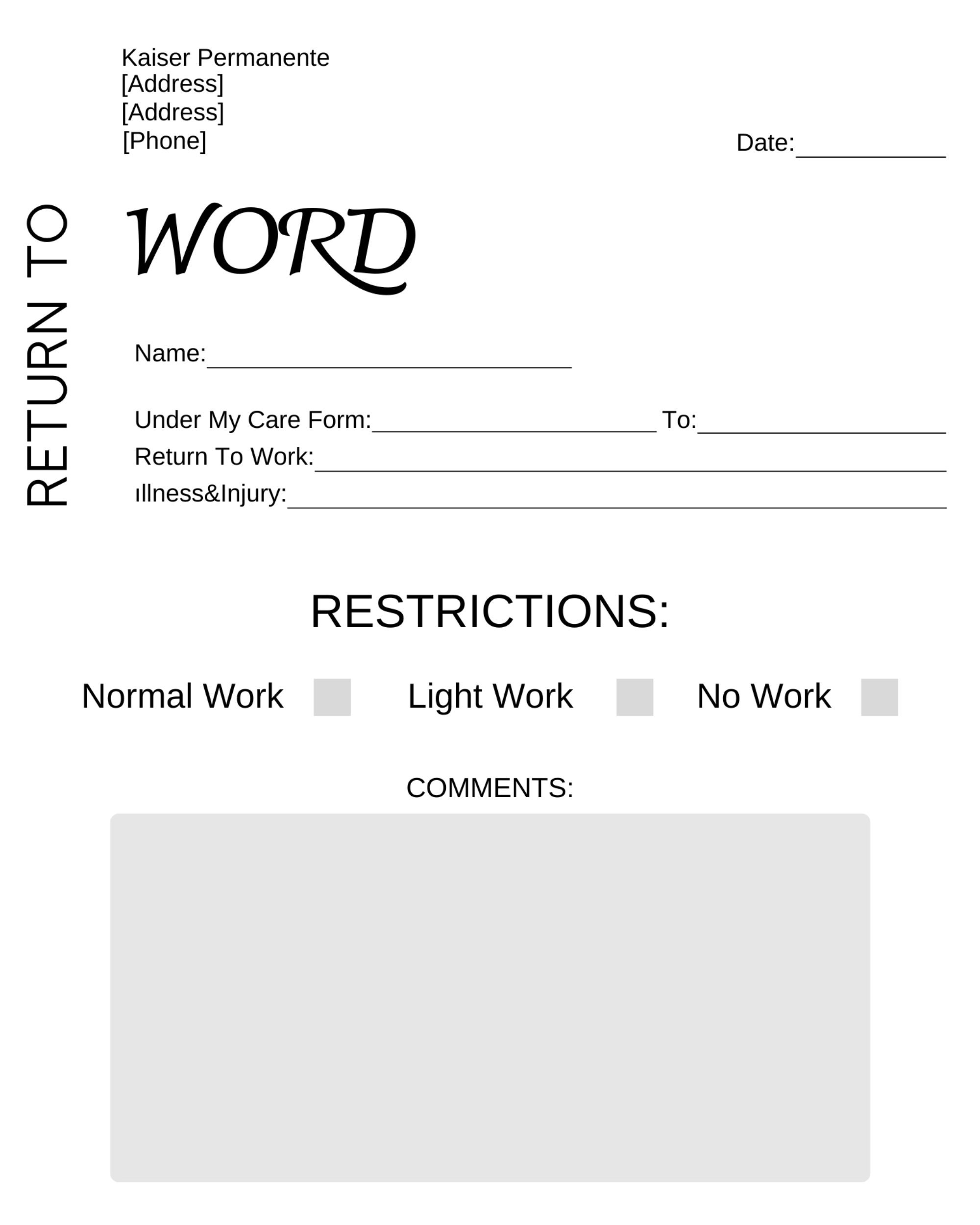 Kaiser Return To Work Doctor'S Note: Editable Canva Template (Printable Download) regarding Printable Blank Kaiser Doctors Note