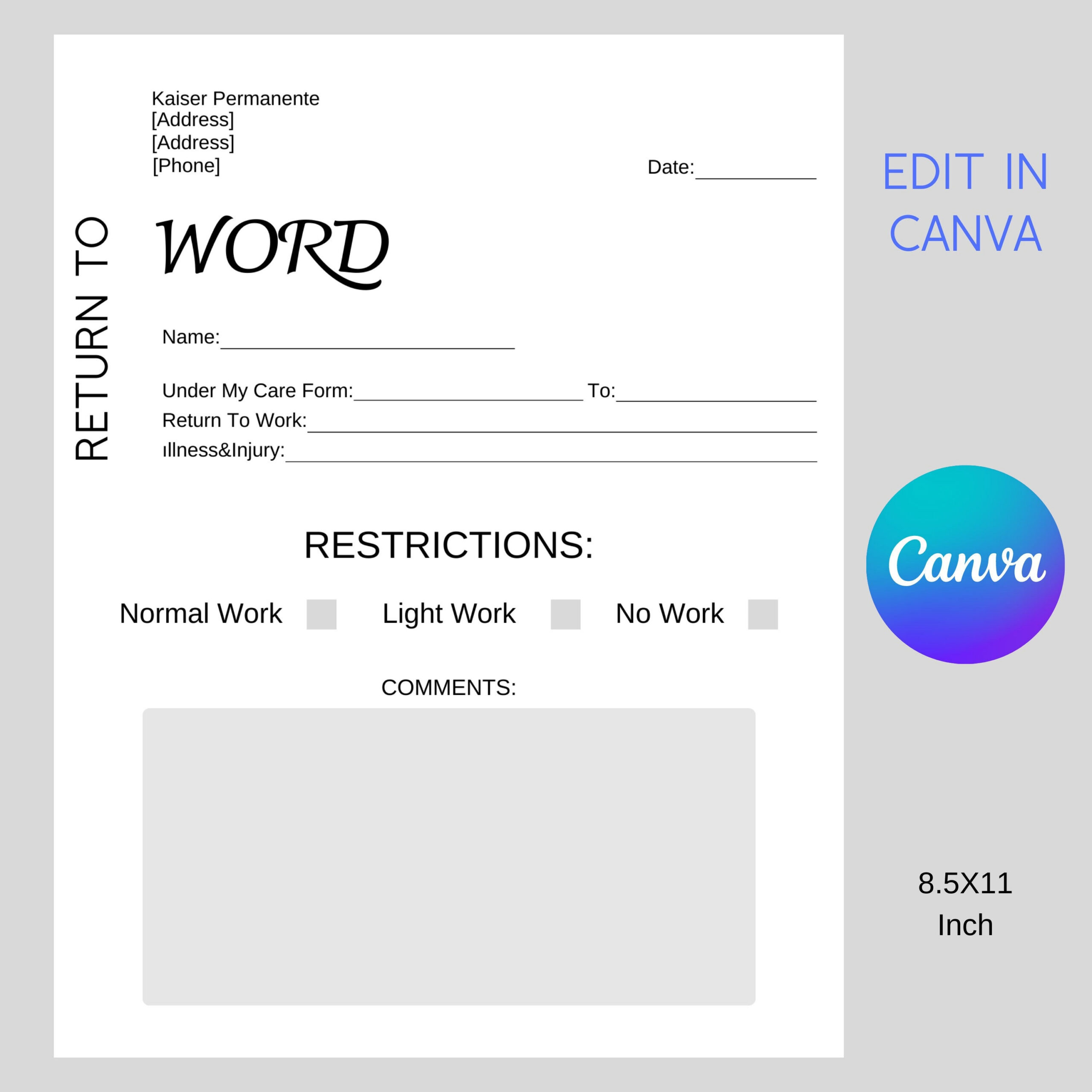 Kaiser Return To Work Doctor'S Note: Editable Canva Template regarding Printable Blank Kaiser Doctors Note