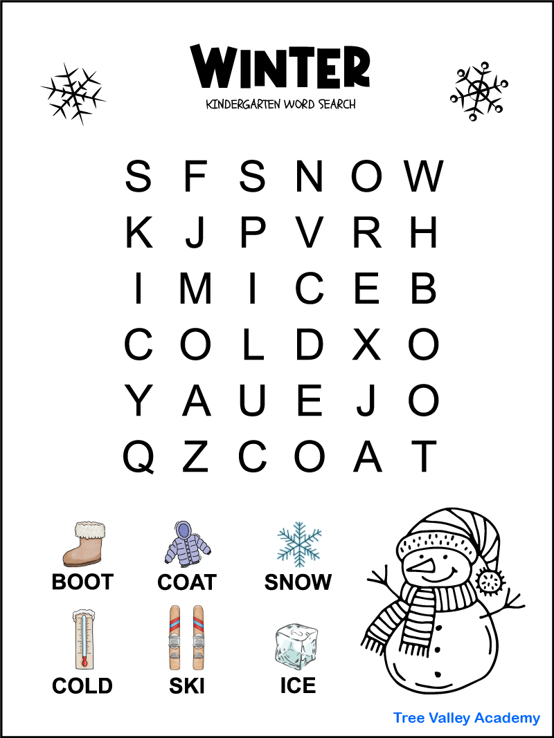 Kindergarten Winter Word Search - Tree Valley Academy throughout Winter Word Search Printable Free