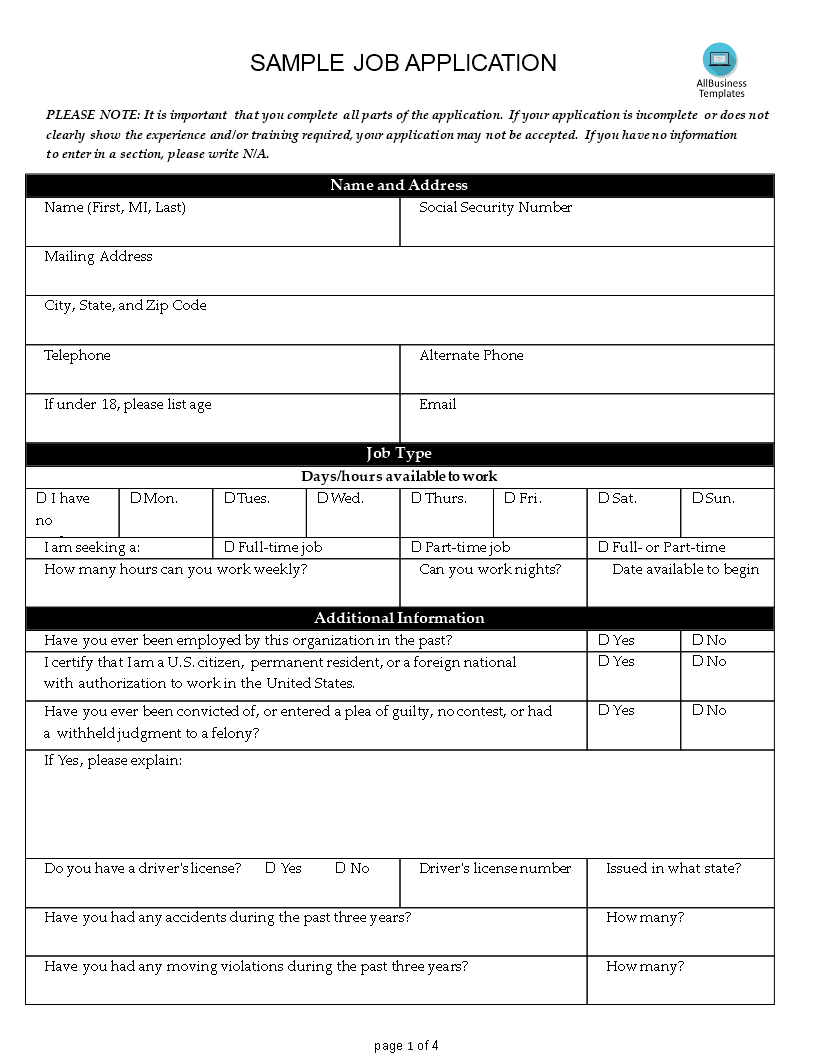Kostenloses Sample Job Application Form for Printable Basic Job Application Form