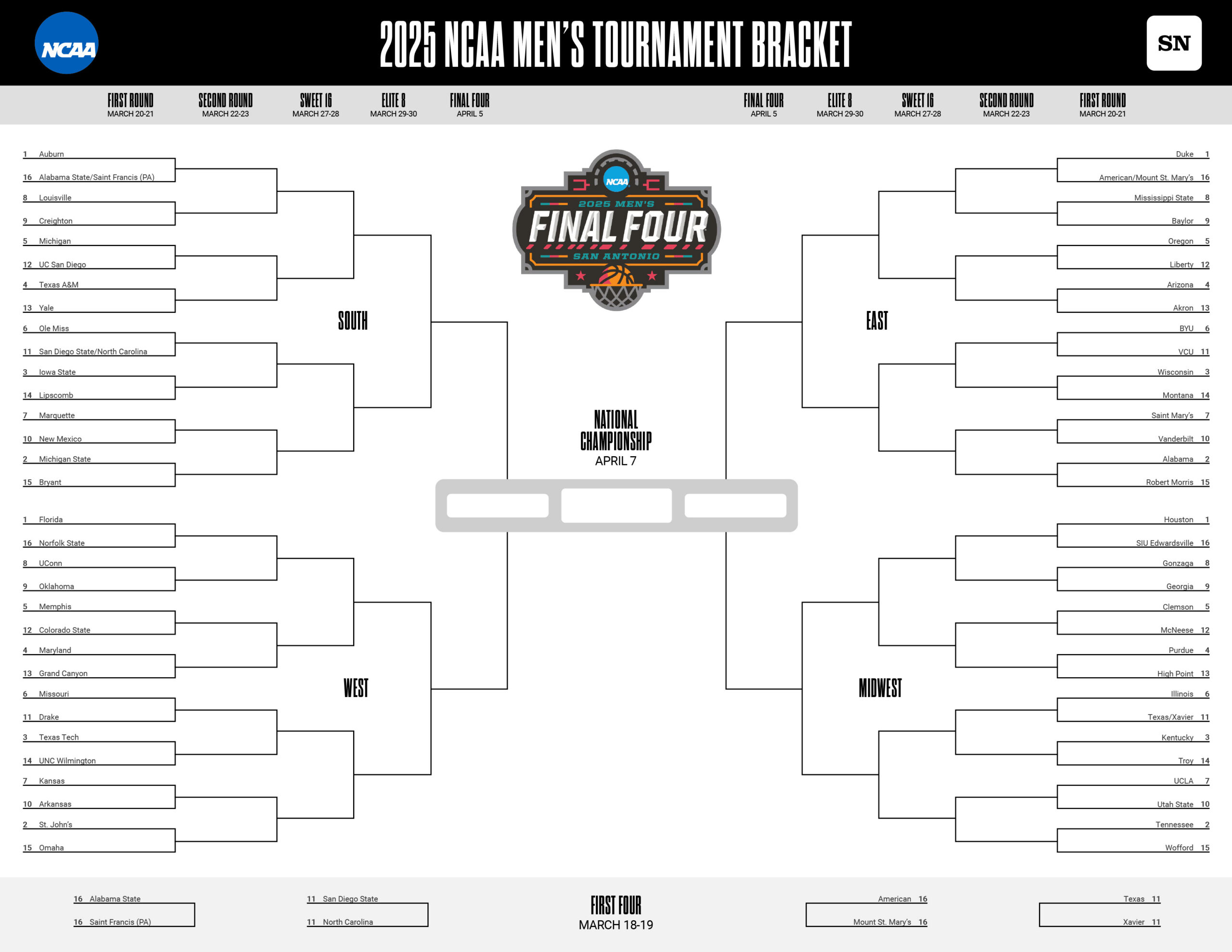 March Madness Printable Bracket: Download A Free 2025 Ncaa inside Printable Ncaa Men&amp;#039;S March Madness Bracket