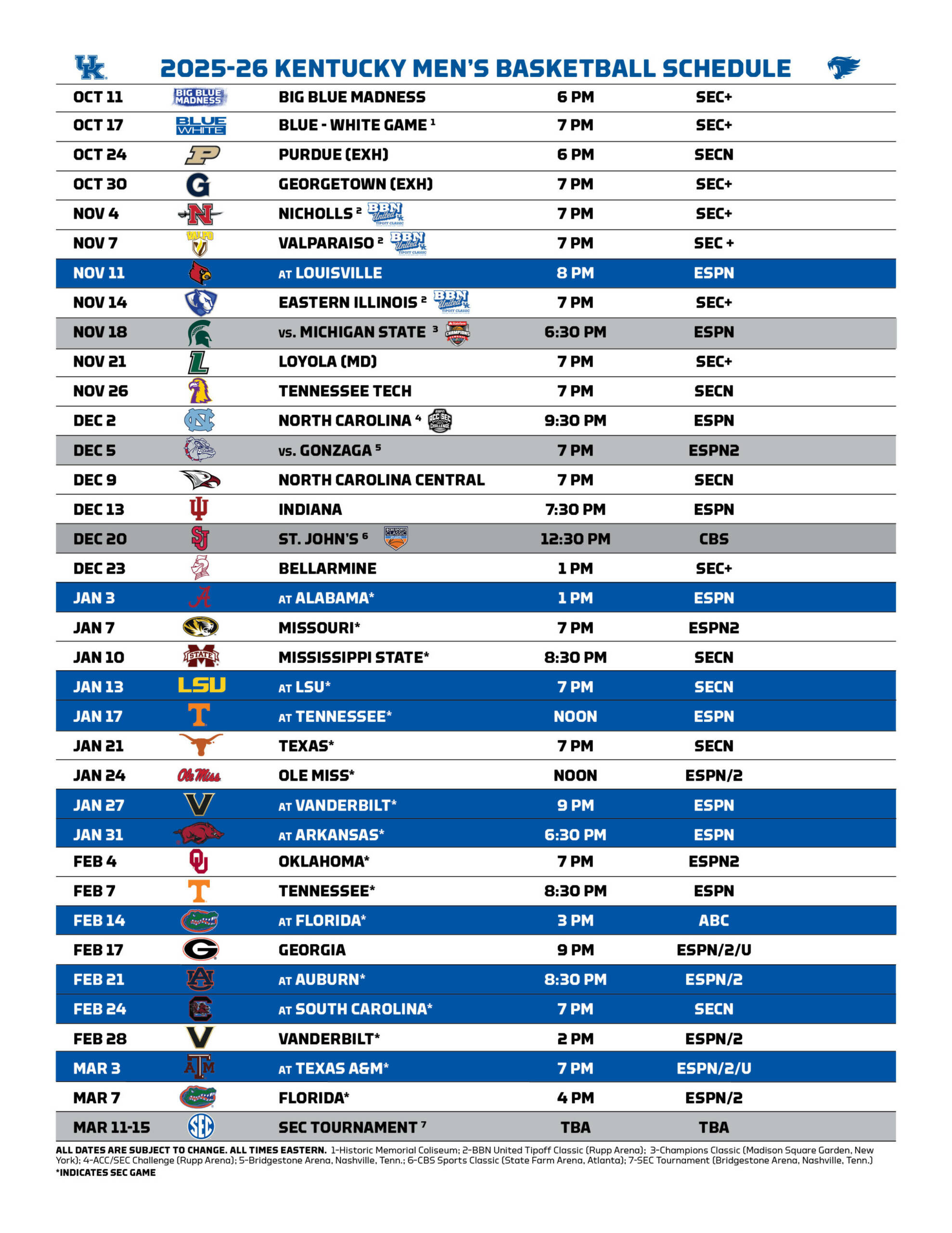 Men&amp;#039;S Basketball Announces 2025-26 Finalized Schedule pertaining to Kentucky Wildcats Printable Basketball Schedule