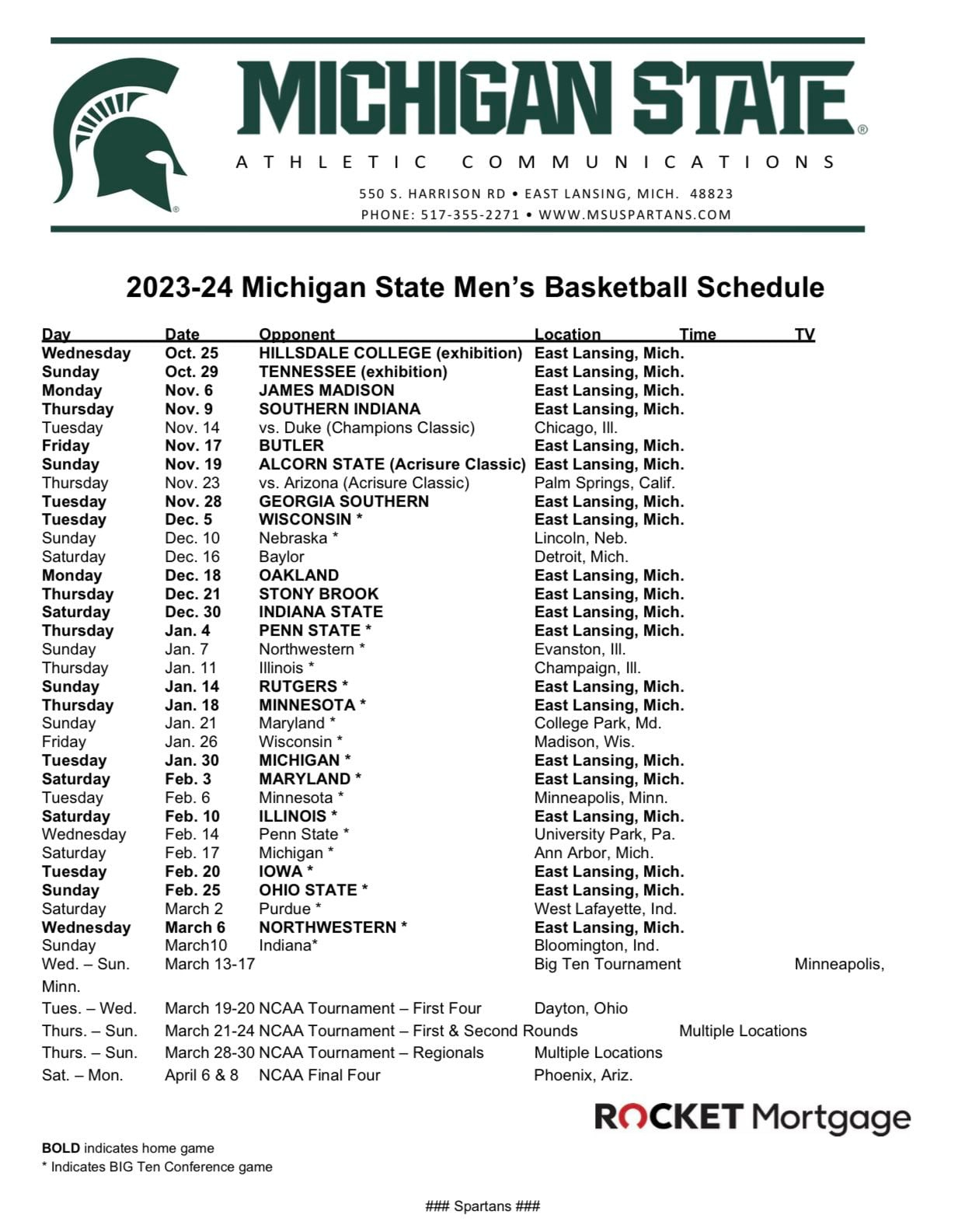 Msu And Michigan Release Men&amp;#039;S Basketball Schedules pertaining to Michigan State Basketball Schedule Printable