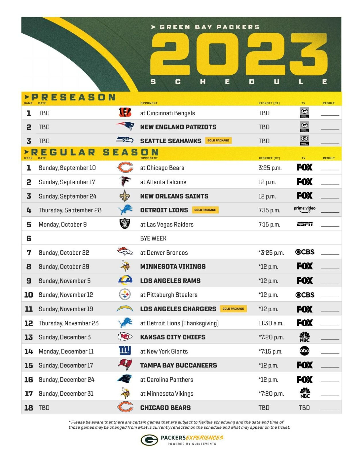 Nfl Releases Green Bay Packers Schedule For 2023 | News | Wkow in Printable Green Bay Packers Schedule