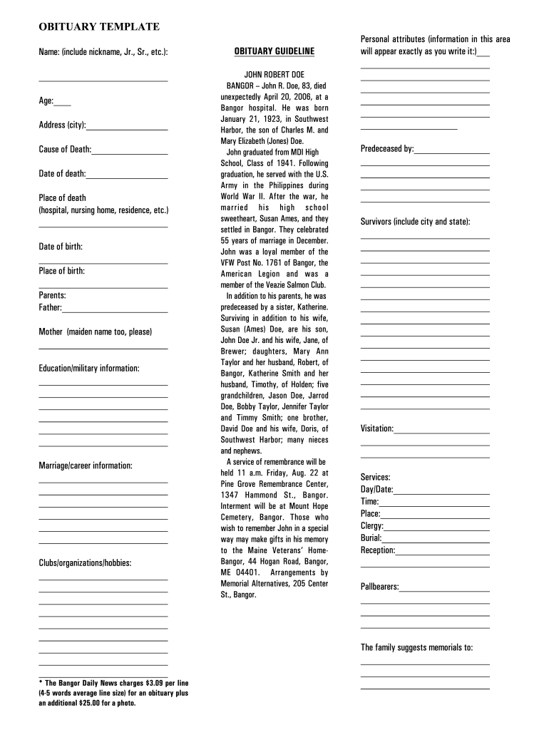 Obituary Template Form - Fill Online, Printable, Fillable, Blank in Blank Free Printable Obituary Templates