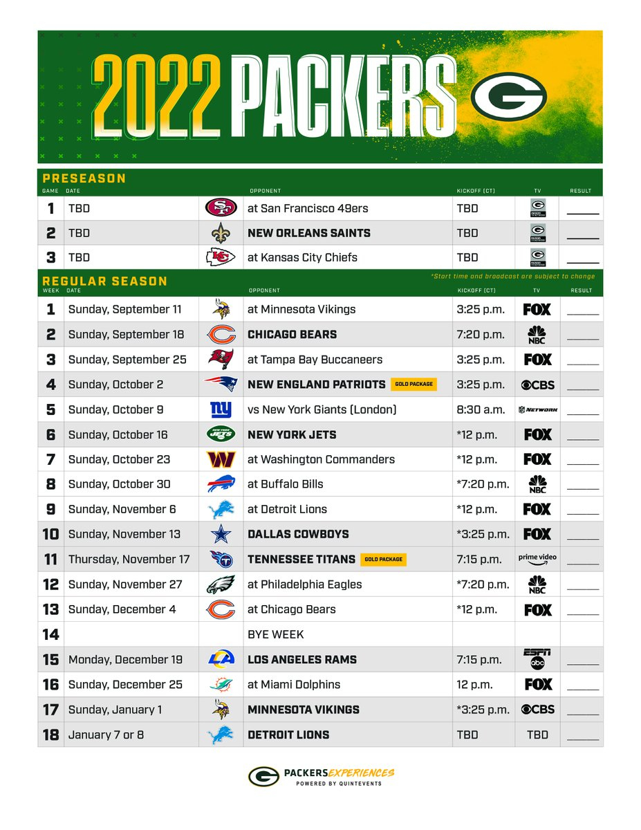 Print Off Your Copy Of The 2022 #Packers Schedule! 🖨️: Https://T regarding Printable Green Bay Packers Schedule