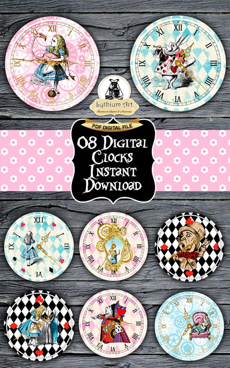 Printable Alice In Wonderland Clock Bundle, Perfect For Party for Alice In Wonderland Printable Clocks