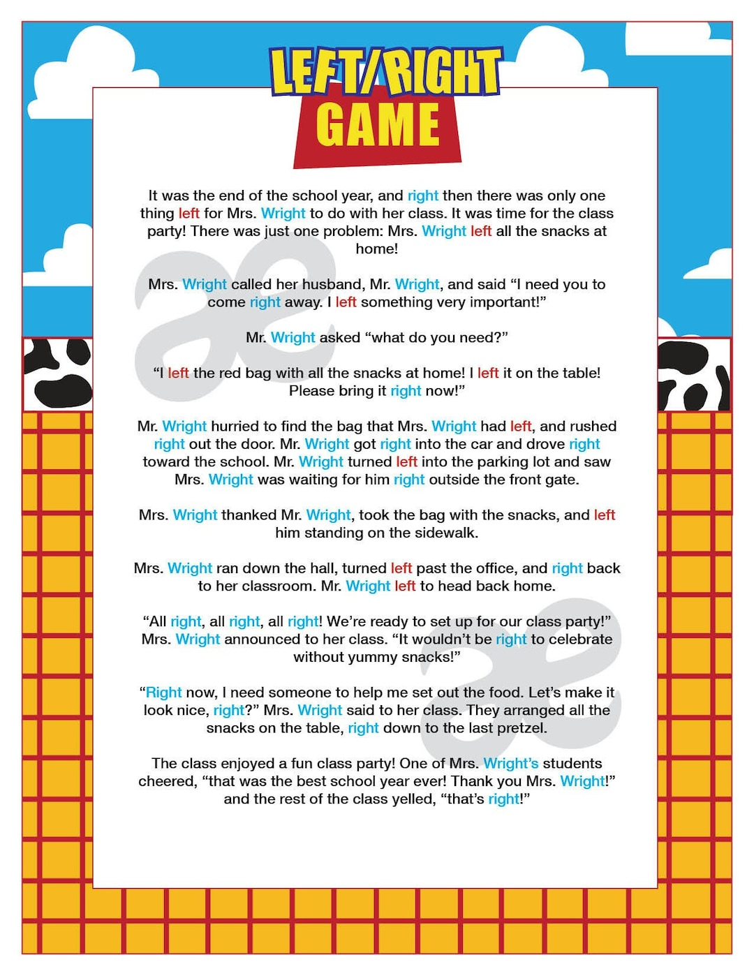 Printable End Of School Game: Left Right Game - Instant Download in Printable Funny Left Right Game Stories