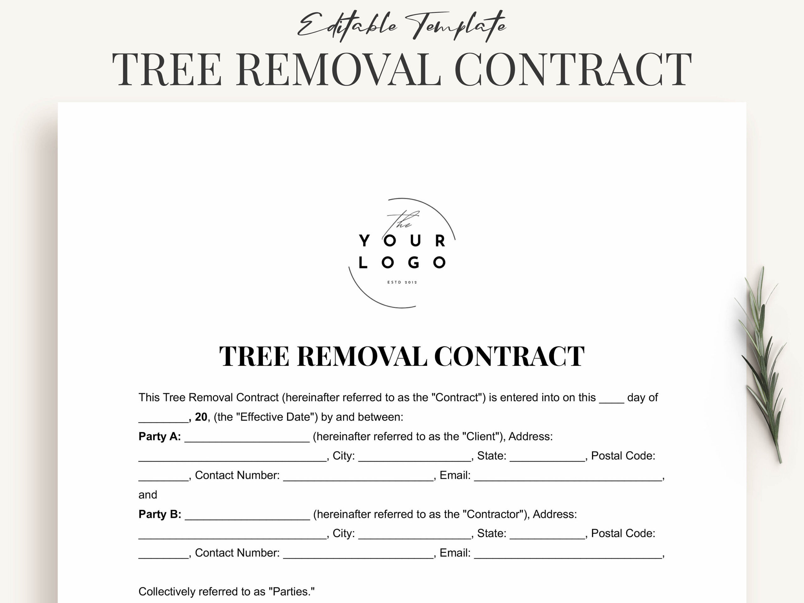 Printable Tree Removal Contract Template Word - Customizable Pdf with Printable Tree Removal Contract Template