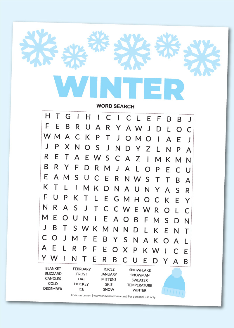 Printable Winter Word Search - Chevron Lemon in Winter Word Search Printable Free