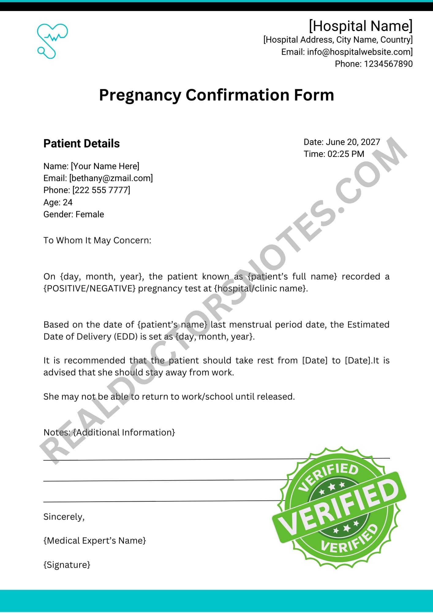 Proof Of Pregnancy Form From Doctor Template intended for Printable Proof Of Pregnancy Form
