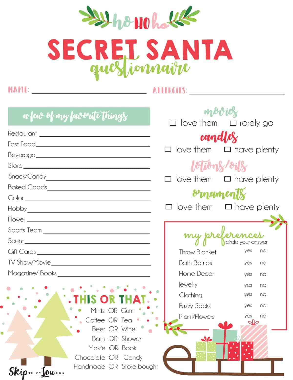 Secret Santa Questionnaire | Skip To My Lou for Free Printable Secret Santa Template