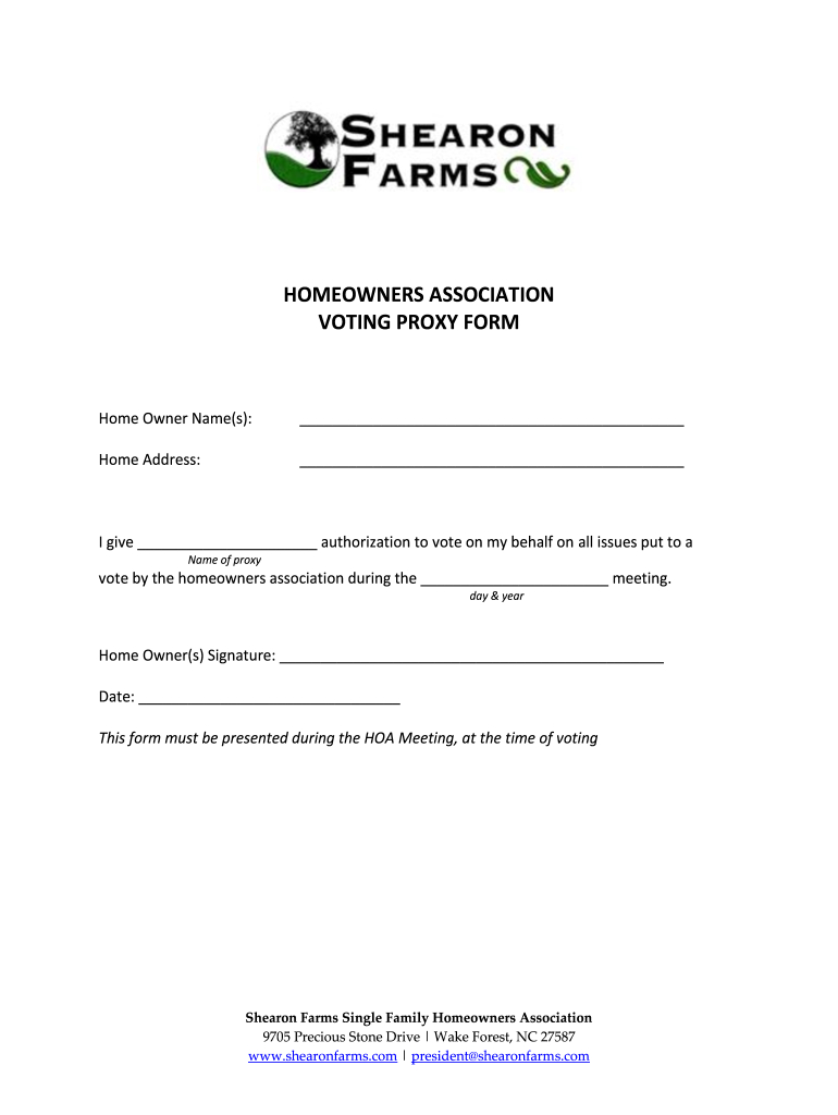 Shearon Farms Homeowners Association Voting Proxy Form - Fill inside Free Printable Hoa Proxy Form