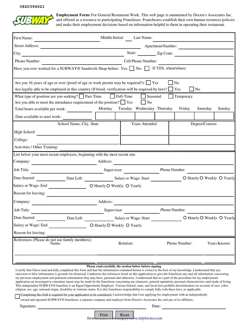 Subway Employment Application ≡ Fill Out Pdf Forms Online pertaining to Subway Printable Application For Employment
