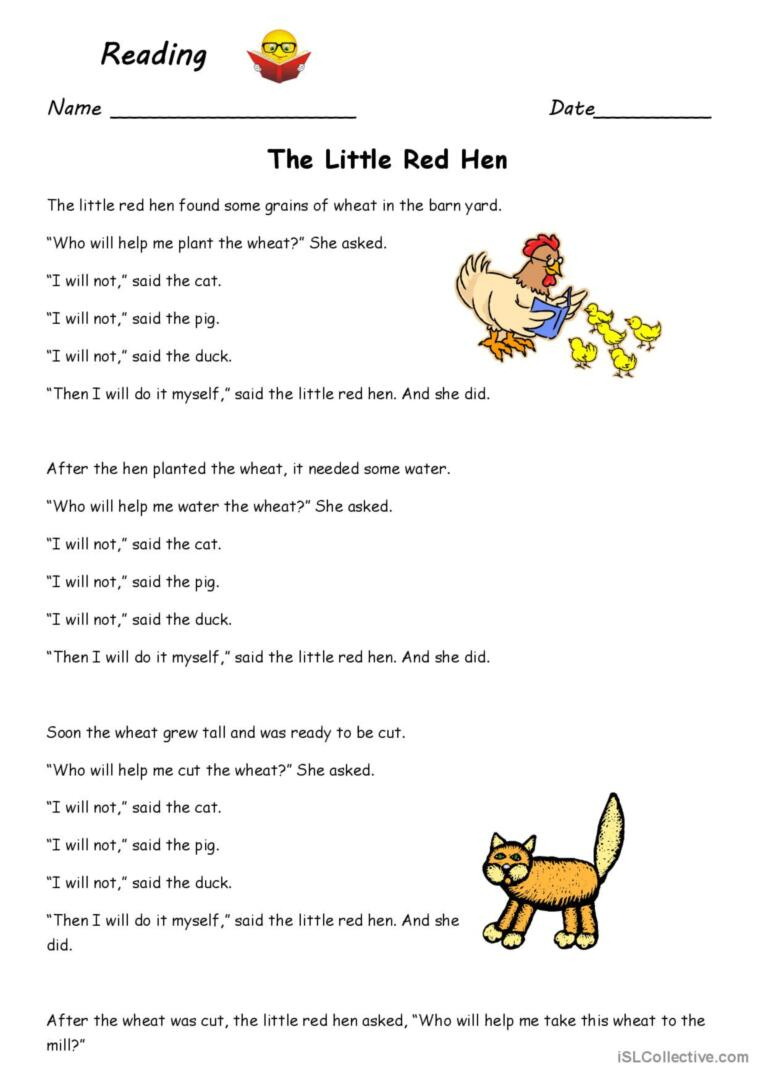 The Little Red Hen: English Esl Worksheets Pdf & Doc intended for Little Red Hen Story Printable