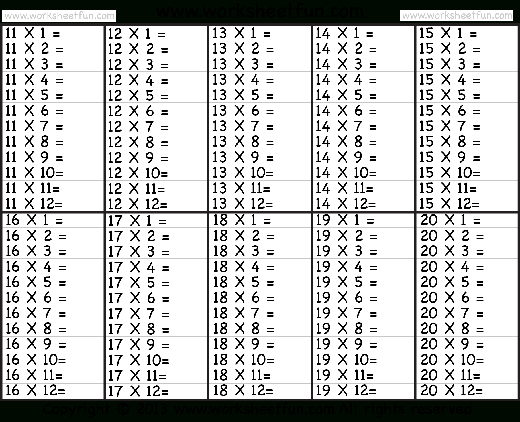 Times Table – 2-12 Worksheets – 1, 2, 3, 4, 5, 6, 7, 8, 9, 10, 11 inside Free Printable Multiplication Table Worksheet