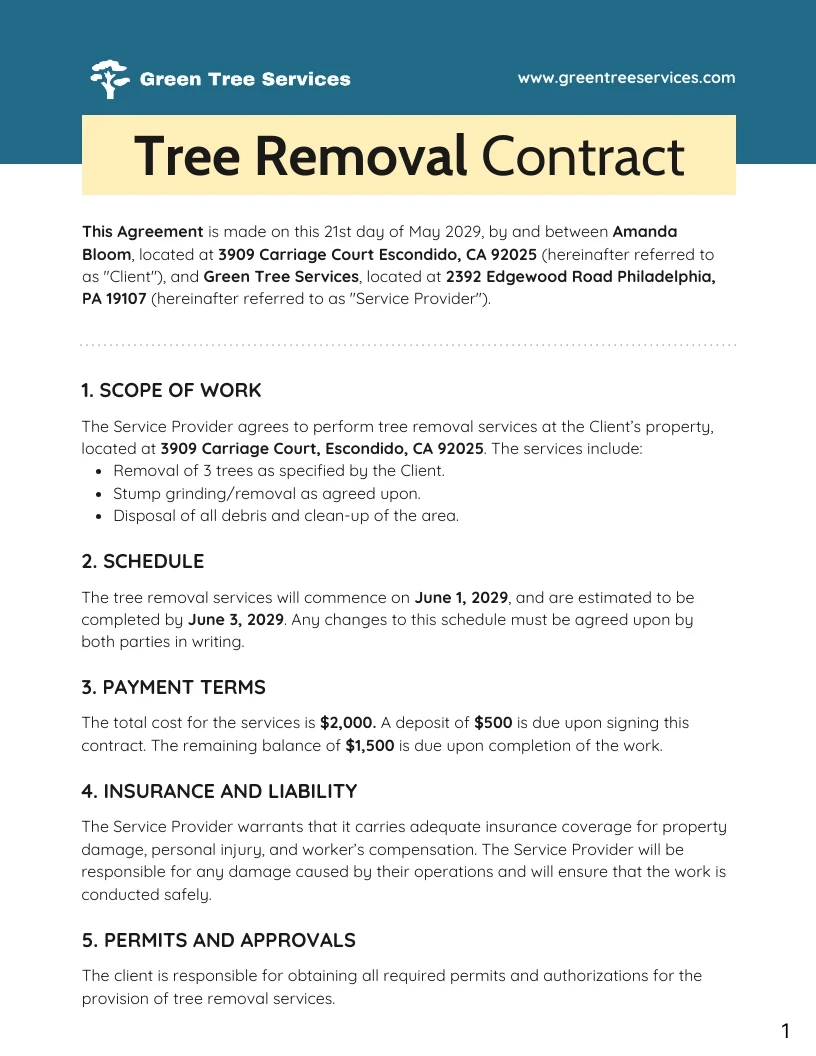 Tree Removal Contract Template - Venngage in Printable Tree Removal Contract Template