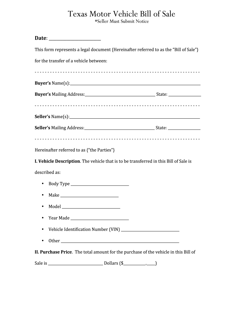 Tx Motor Vehicle Bill Of Sale Form - Fill Online, Printable pertaining to Texas Vehicle Bill of Sale Printable