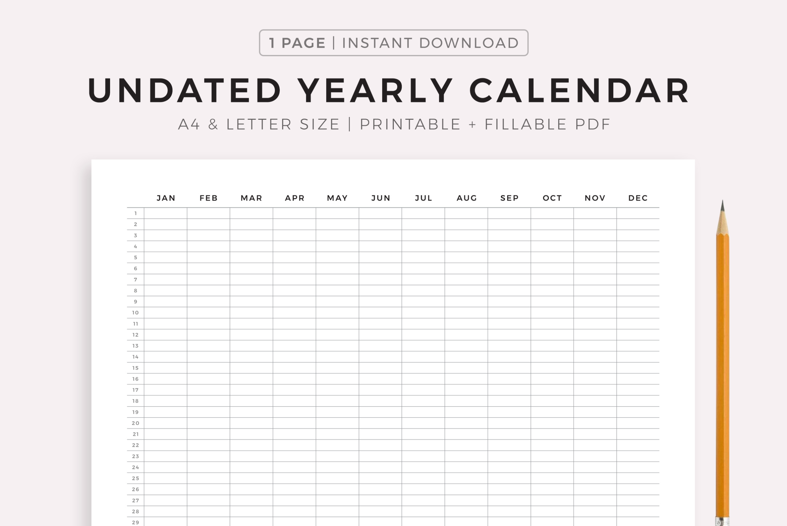 Undated Year Calendar, Year At A Glance, Printable &amp;amp; Fillable Pdf inside Year At a Glance Printable