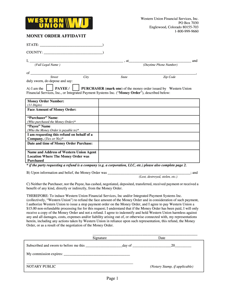 Western Union Money Order Affidavit Form - Fill Online, Printable intended for Printable Blank Money Order Template
