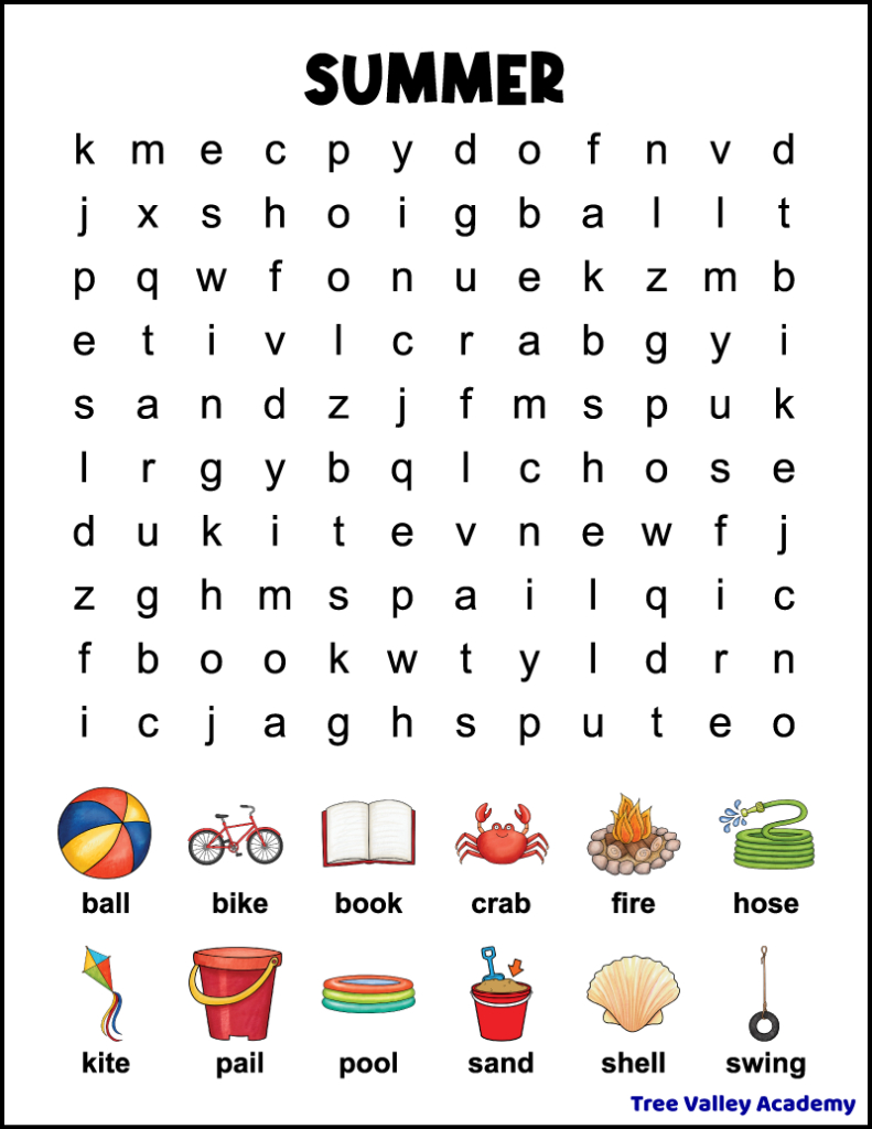 1St Grade Summer Word Search - Tree Valley Academy regarding Summer Holiday Word Search Printable Free