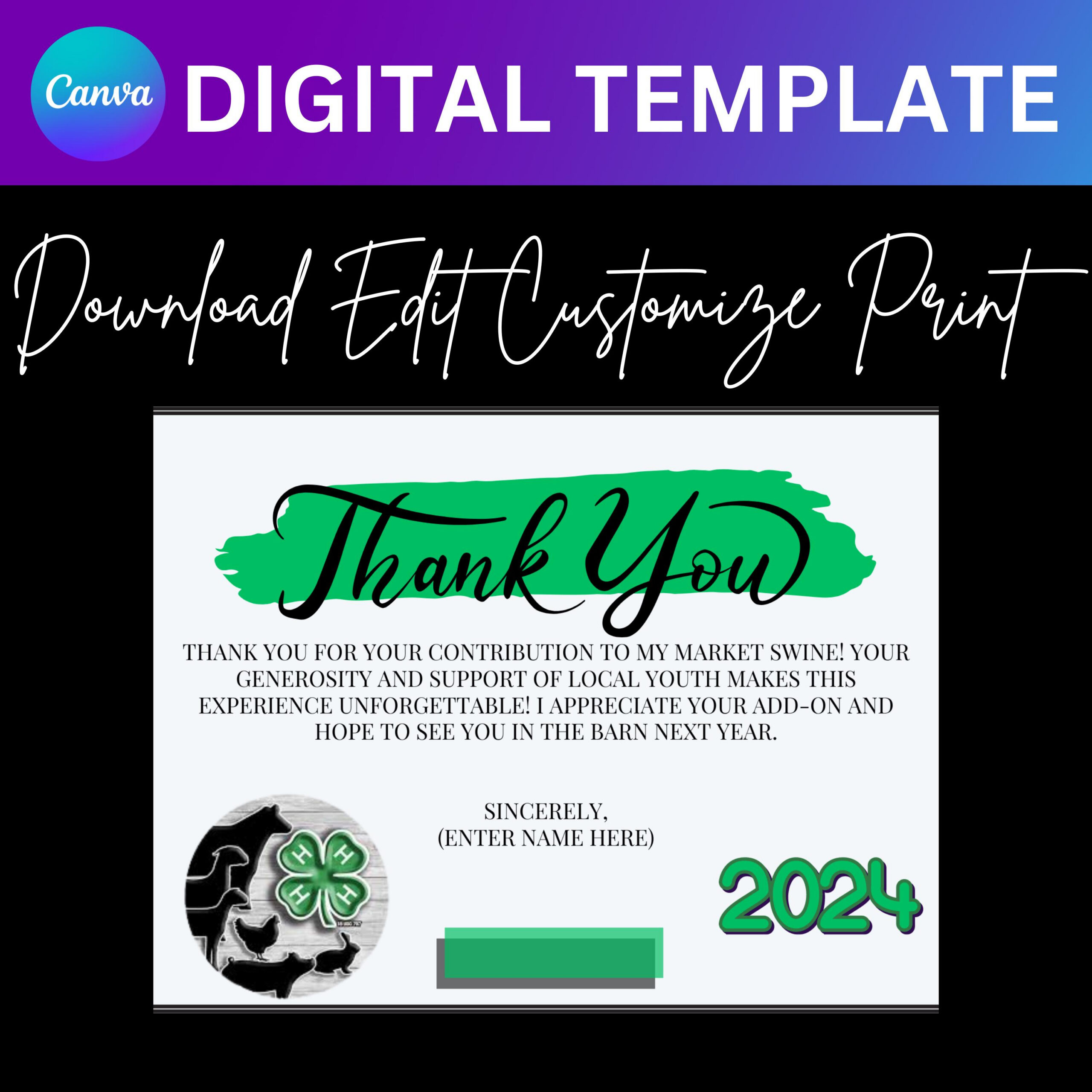 Canva Digital Template: 4-H Add-On Thank You Cards (Editable for 4h Thank You Cards Printable