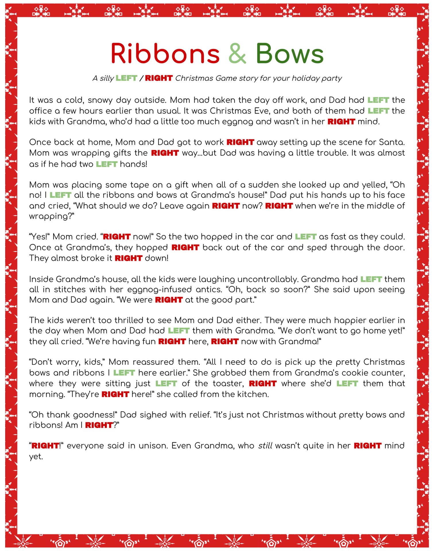 Christmas Left Right Story Printable throughout Christmas Left Right Game Poem Printable