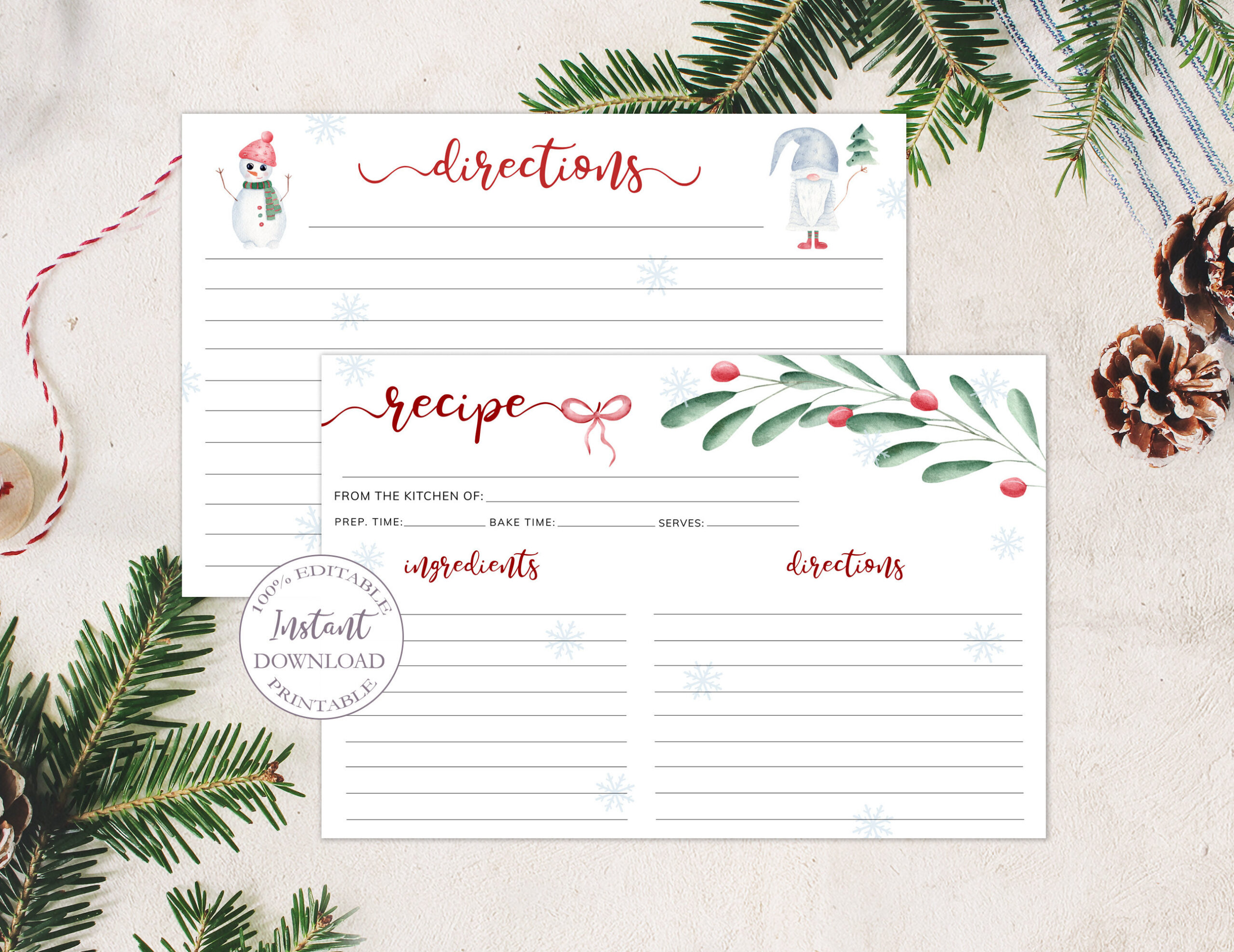 Christmas Recipe Card Template, 4X6 Recipe Cards, Editable Recipe for Printable Christmas Recipe Tags